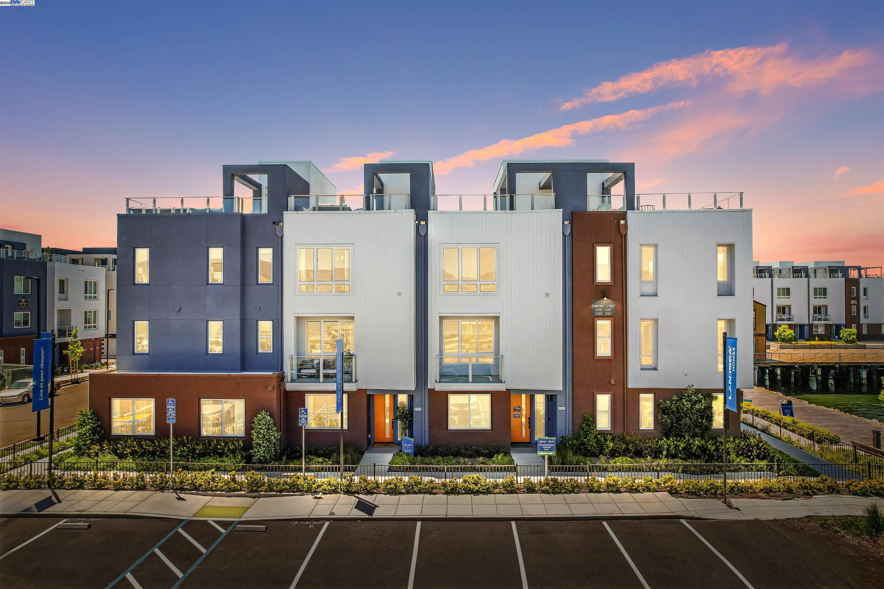 MOVE-IN READY! This charming 3 bed, 3.5 bath, new construction townhome at Waterside by Landsea Homes (now a part of New Home Co) offers over 2100 sq ft of contemporary living space with an expanded main living floor and a 10-year builder warranty. Enjoy a spacious open floor plan with a gourmet kitchen featuring Bertazzoni stainless steel appliances, quartz countertops, and ample cabinet space. The primary suite includes a walk-in closet and luxurious en-suite bathroom, plus upstairs laundry nearby. Each secondary bedroom is an en-suite and features its own private bathroom, one bedroom is conveniently located on the 1st floor. Additional highlights include a 2-car garage with an EV car charge outlet, solar installation (lease or purchase), energy-efficient AC/Heat & water heater, and balcony, plus your own private, stunning rooftop deck with waterside views of the marina. With local amenities like a boat house, parks, and public transit access, and easy access to 880 & 580, downtown Alameda, South Shore Beach, Oakland, and San Francisco, this home is perfect for commuters and those seeking a modern lifestyle. Don’t miss this opportunity to own a legacy property within Alameda Marina! This home is a part of the Alameda Marina $53M waterfront marina redevelopment and master plan.