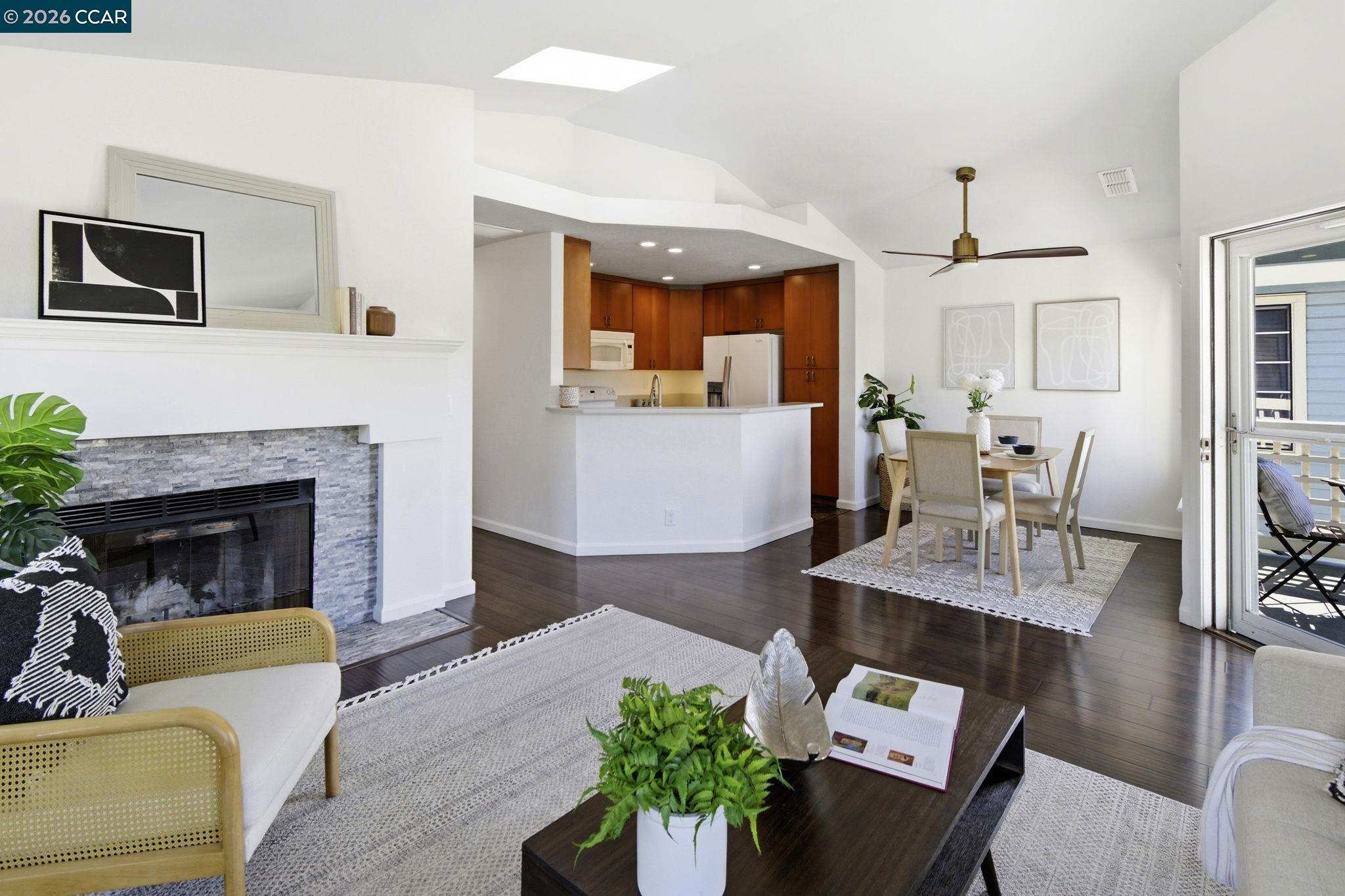Discover comfort, coastal charm, and modern living in this beautifully refreshed 2-bed, 1-bath end unit condo located in the desirable Quiet Harbor community of Glen Cove. This inviting single-level home offers 959 sq. ft. of thoughtfully designed living space and sits just moments from the serene waterfront walking paths. Recently freshly painted, the interior feels bright and welcoming. The home features a wood-burning fireplace, laminate flooring, and abundant natural light enhanced by skylights.  Enjoy an updated kitchen complete with quartz countertops and a comfortable breakfast area, creating the perfect space for everyday meals or entertainment. The updated bathroom continues the home’s modern aesthetic, providing fresh style and convenience.  Indoor laundry closet and attached single-car garage, bringing ease and functionality to daily living.  Step outside to your private balcony, an ideal spot for morning coffee, weekend relaxing, or soaking in the refreshing Glen Cove breeze. Residents of Quiet Harbor enjoy a well-maintained HOA that provides low-maintenance living and premium amenities, including a community pool, BBQ area, greenbelt, and scenic walking trails.  With quick access to Hwy 80 and 780, this