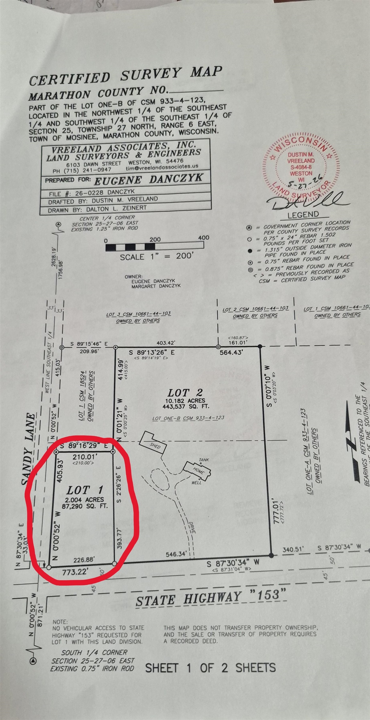 Lot 1 SANDY LANE, Mosinee, Wisconsin 54455, ,Land,For Sale,Lot 1 SANDY LANE,22603451