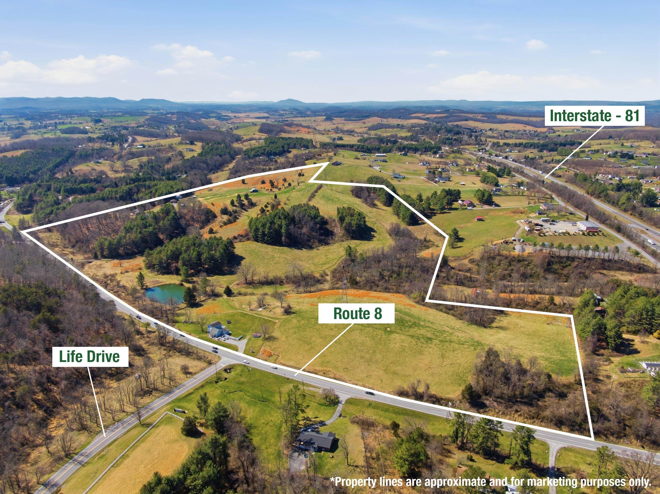 Prime residential development opportunity located at Exit 114 off I-81 in Christiansburg, Montgomery County. This strategically positioned property offers immediate interstate access with traffic counts exceeding 60,000 vehicles per day and strong visibility. Ideally situated between Blacksburg, Radford, and Christiansburg, the site is supported by major employment and education drivers including Virginia Tech, Radford University, the Corporate Research Center, and Radford Army Ammunition Plant. The region continues to experience steady population growth and housing demand with limited available development land. Excellent location for single-family, townhome, or build-to-rent communities. Public utilities available. Rare opportunity to invest in one of the New River Valley’s most active growth corridors. The proposed concept plan would allow 168+ single family and townhouse style homes and still have an abundance of open space available.