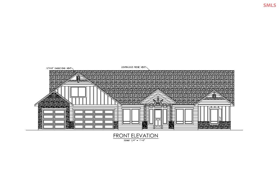 Front elevation drawing of a single-story house with multiple gables and three garage bays.