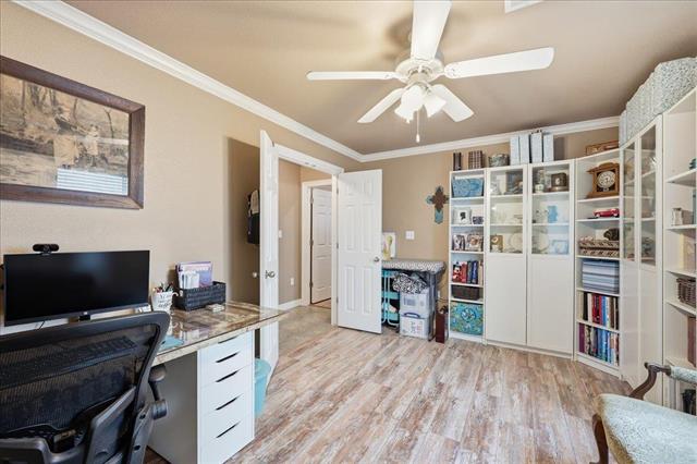 Home office with built-in bookshelves