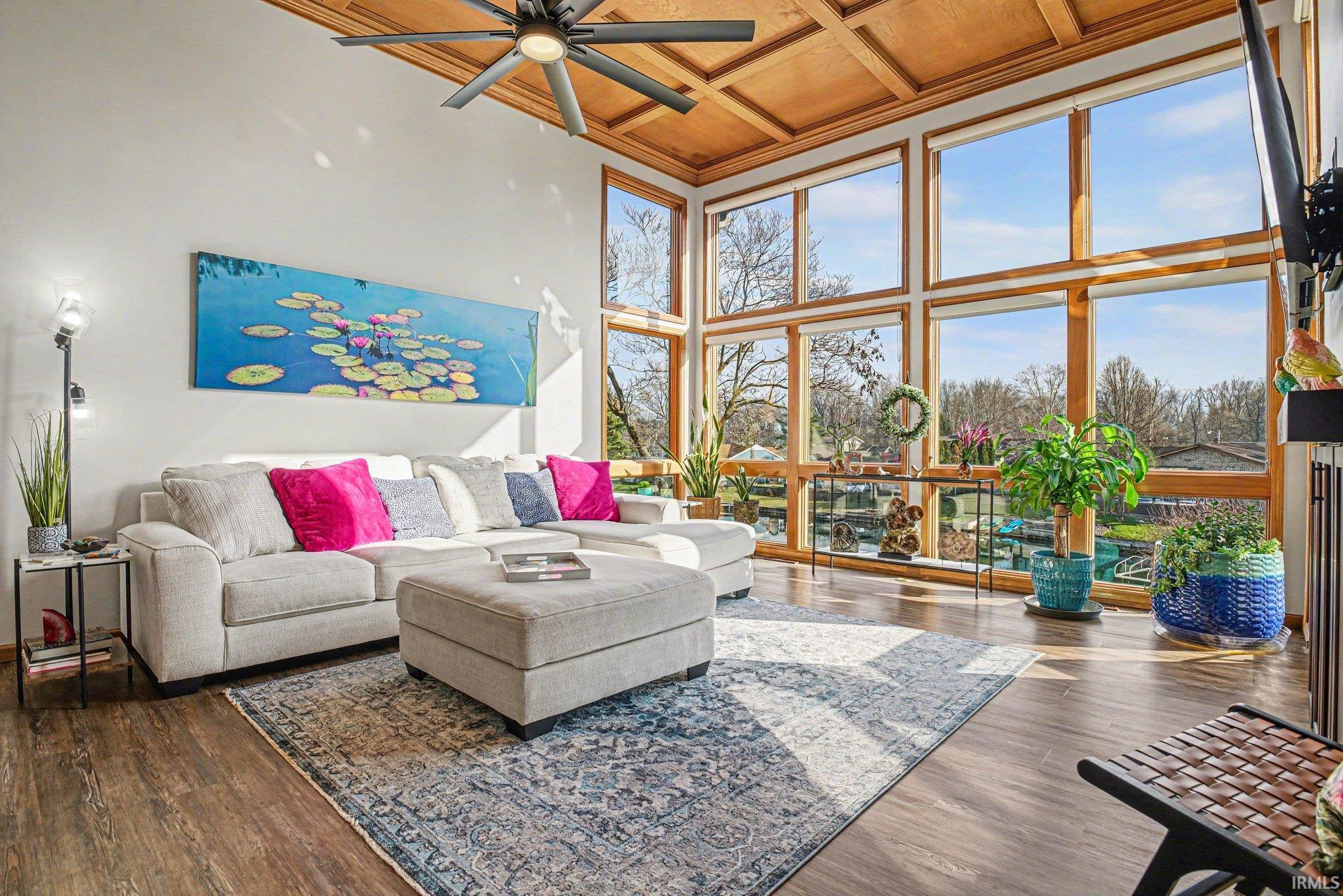 Coffered Ceiling, Wall of Windows Overlooking the River