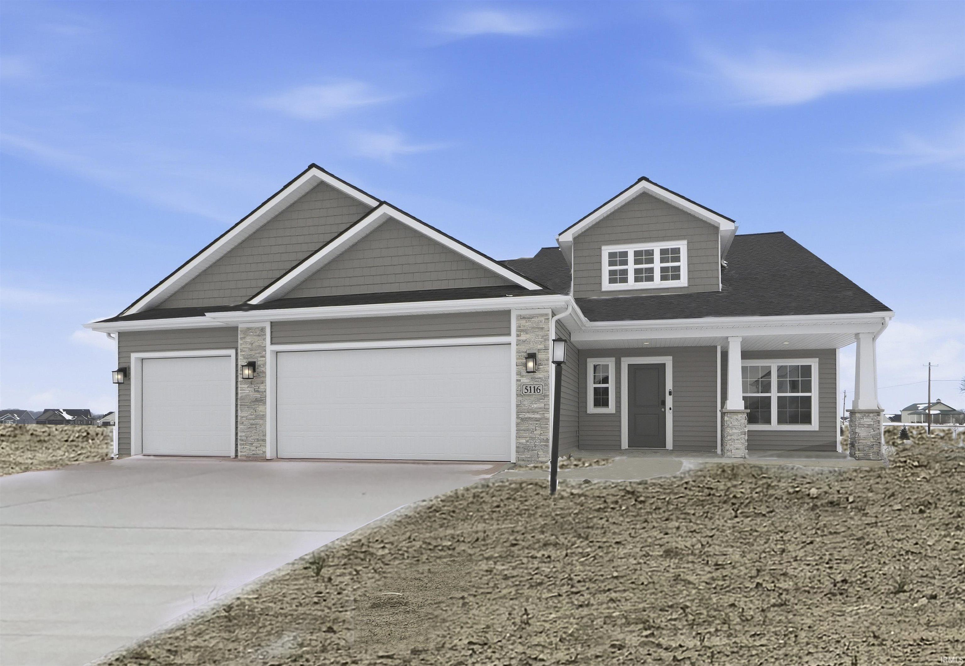 Craftsman-style house featuring driveway, a porch, stone siding, a garage, and a shingled roof