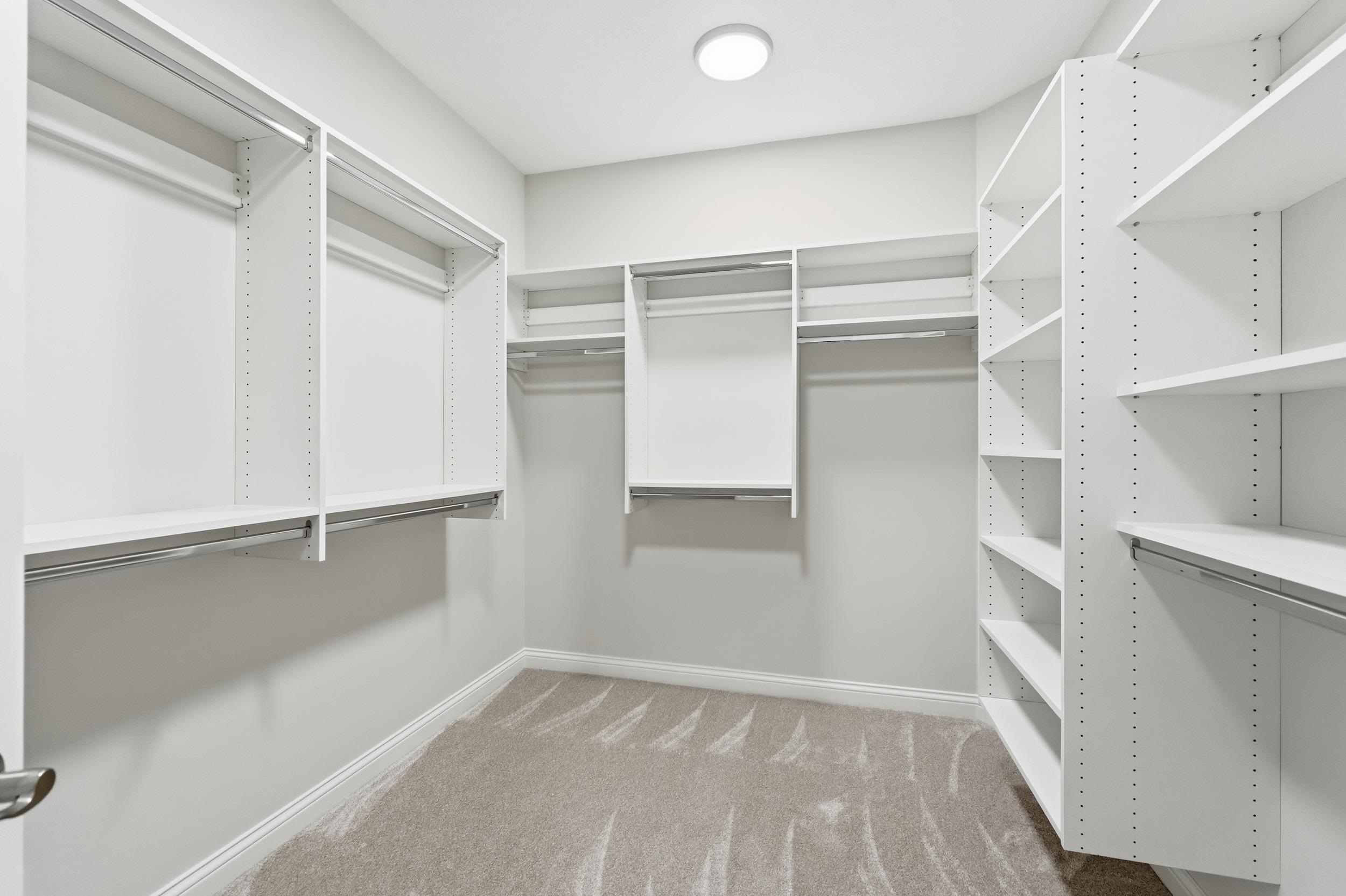 Spacious closet featuring light colored carpet