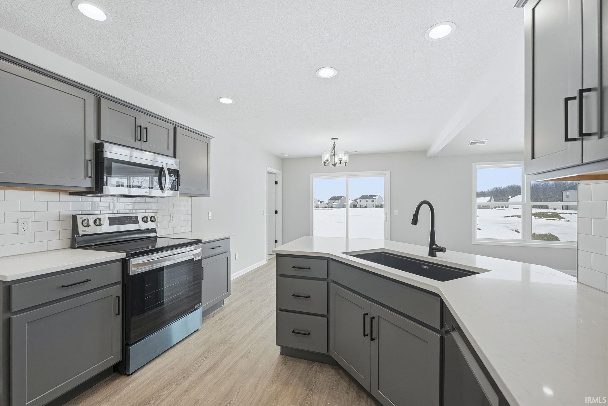 Kitchen featuring backsplash, stainless steel appliances, and gray cabinets