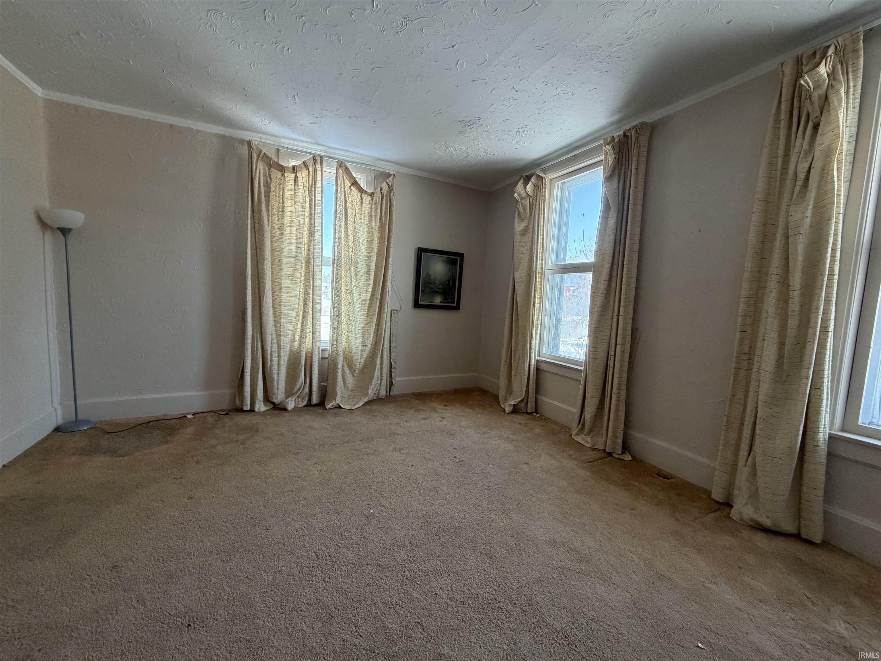 Unfurnished room featuring carpet floors, plenty of natural light, and a textured ceiling