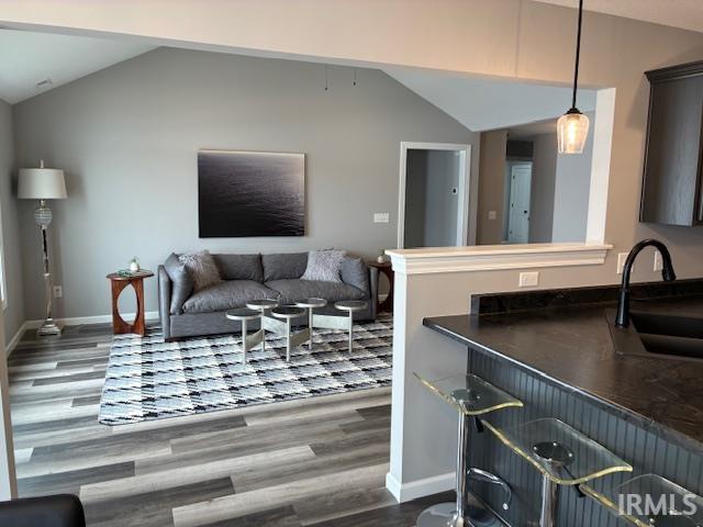 Living room featuring lofted ceiling and dark wood-style flooring