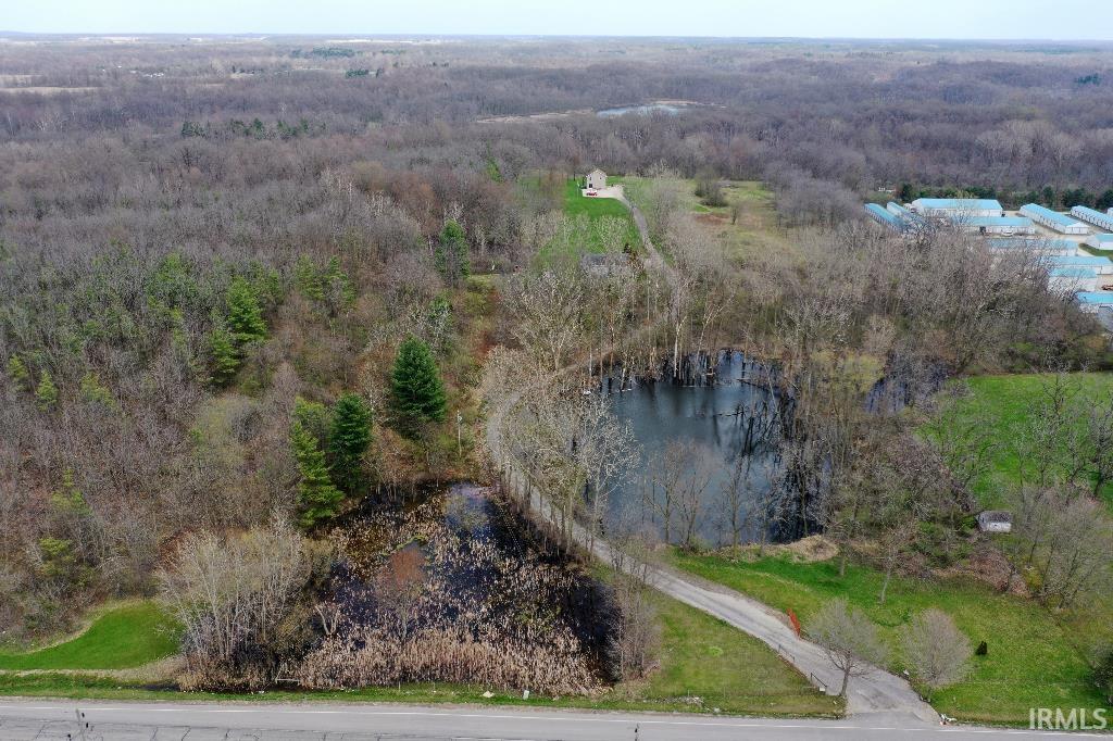 Drone / aerial view of a nearby body of water and a forest
