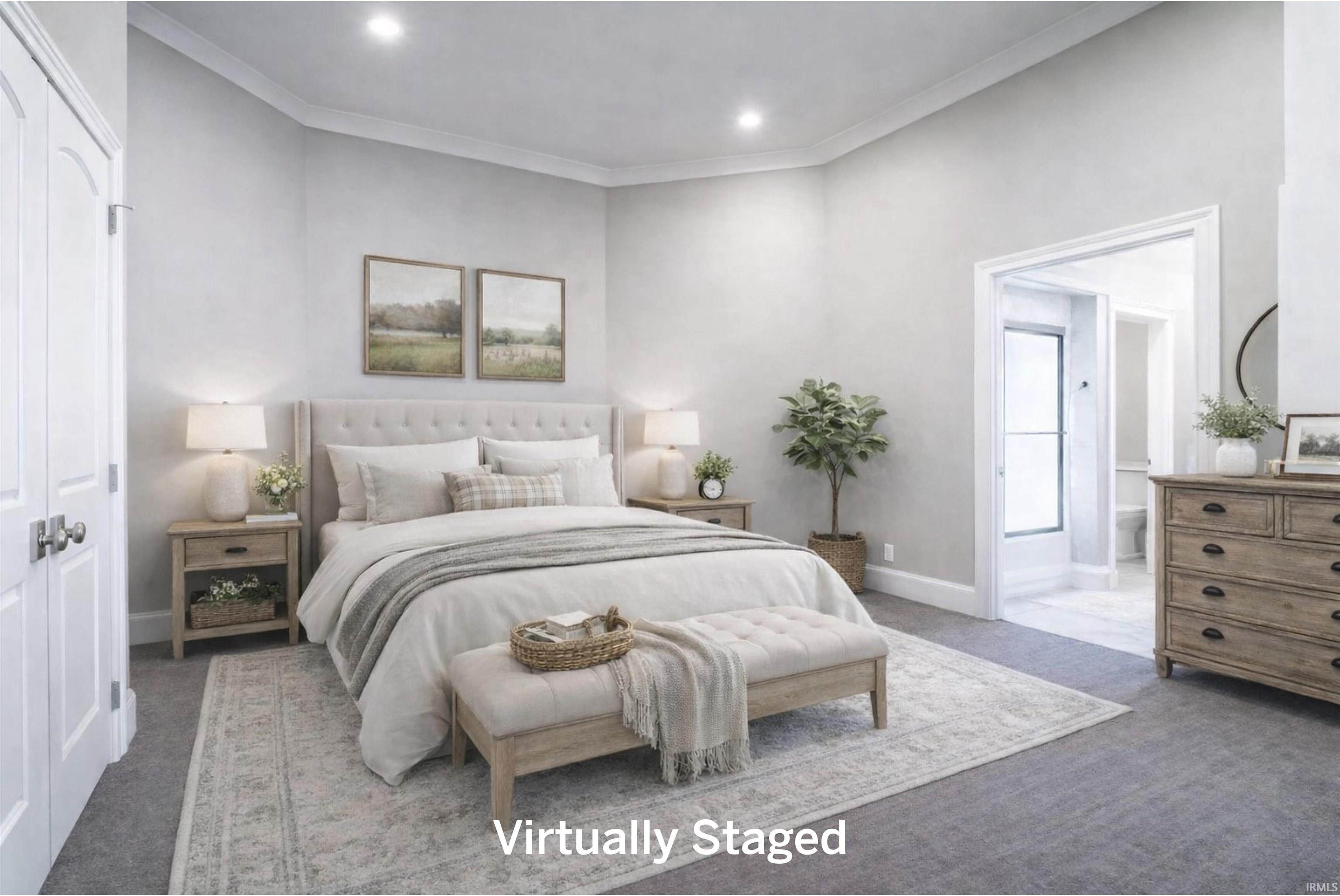 Bedroom with carpet floors, ornamental molding, a closet, and recessed lighting