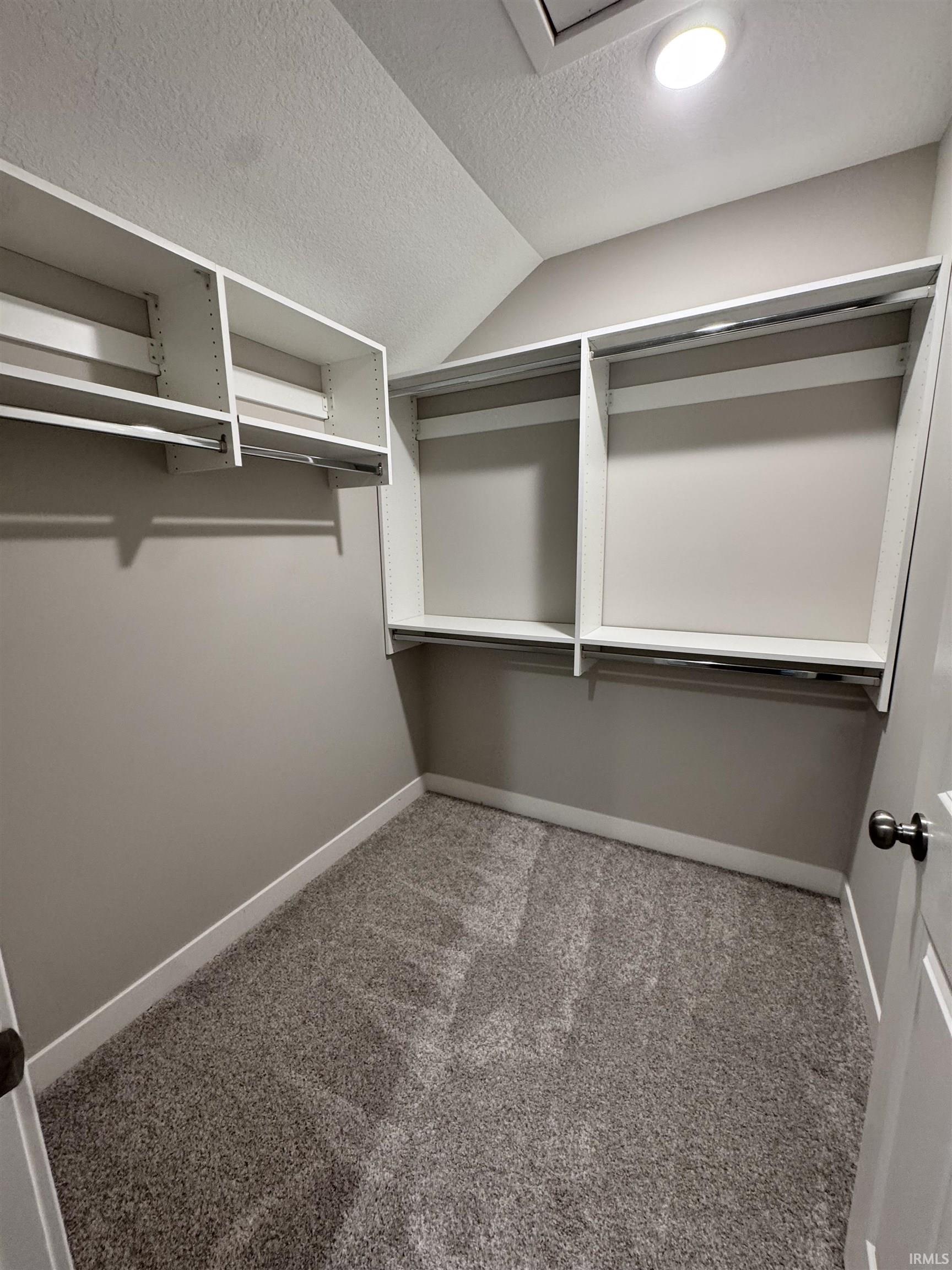 Walk in closet with light colored carpet and vaulted ceiling