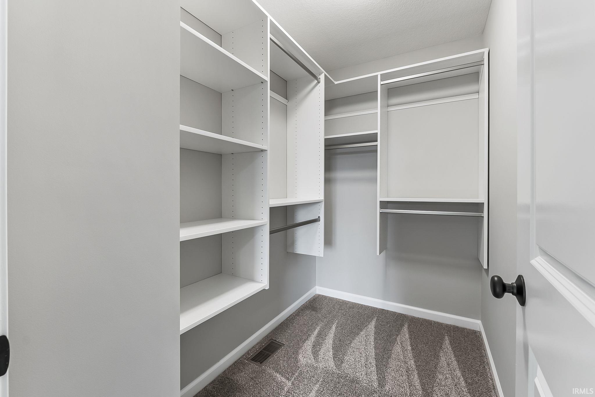 Walk in closet with dark colored carpet