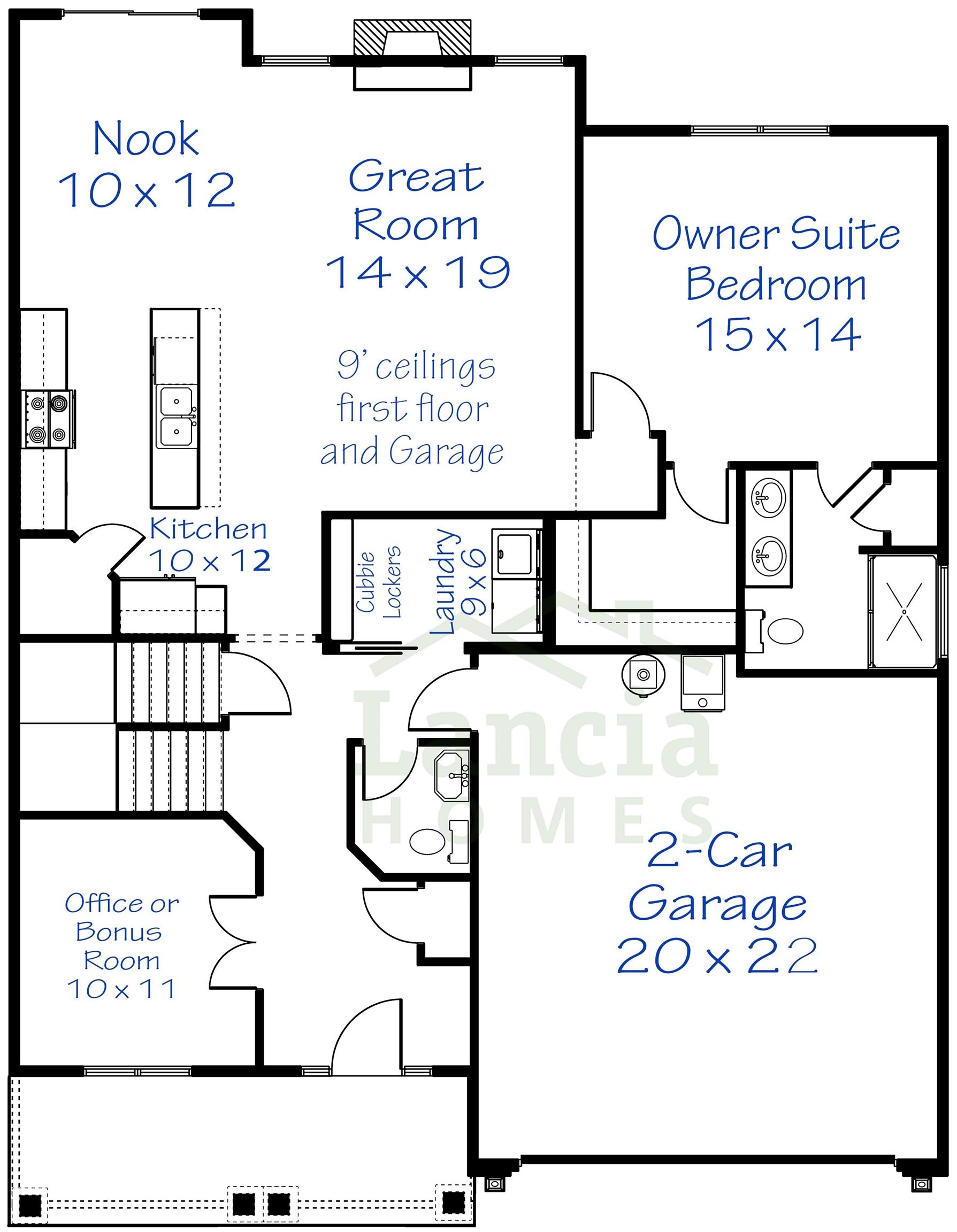 Main floor of Trenton 3 showing only a 2 car bay. Model has 3 Car Garage.