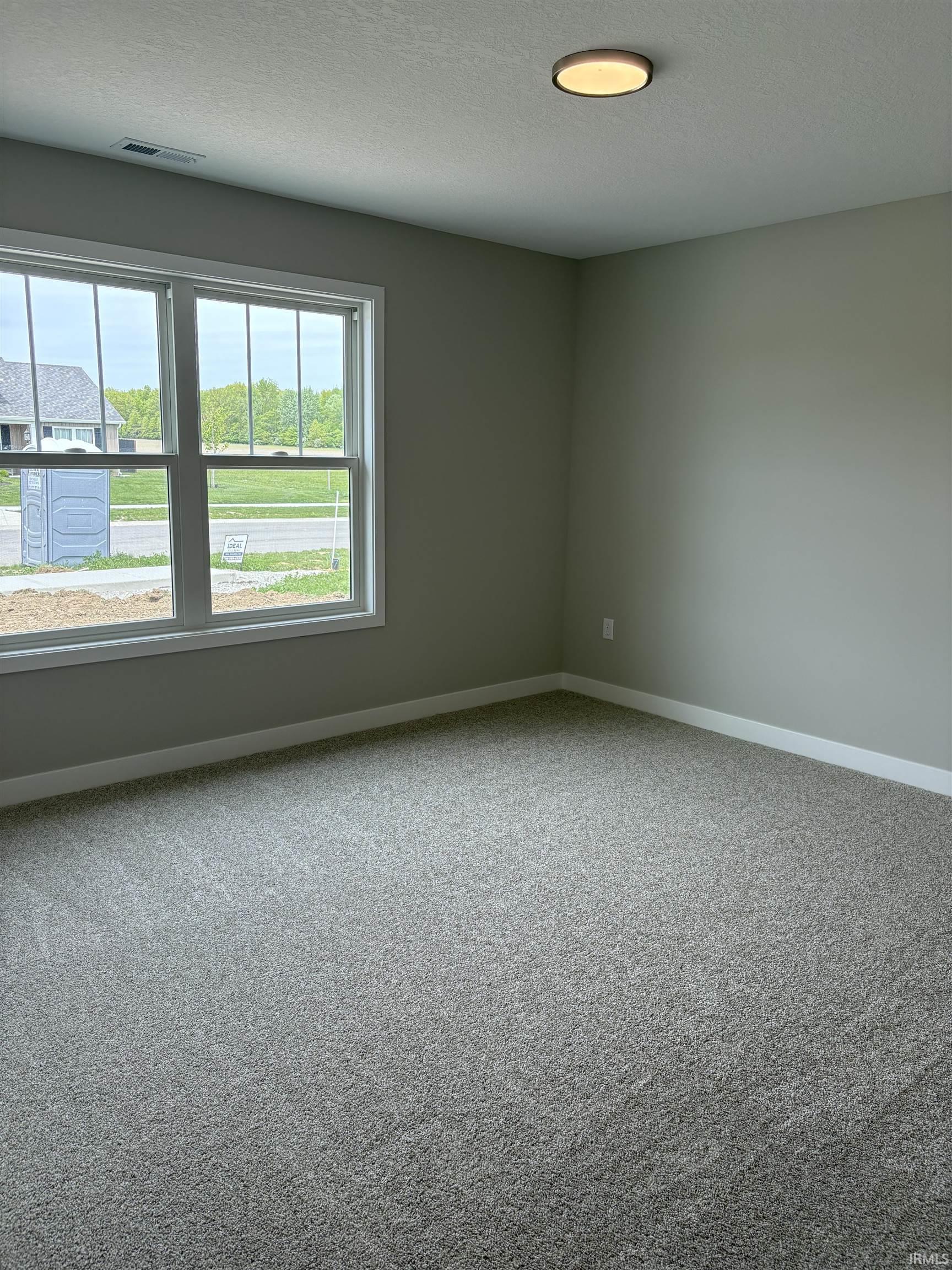 Carpeted room with a double window and a flush-mount ceiling light fixture