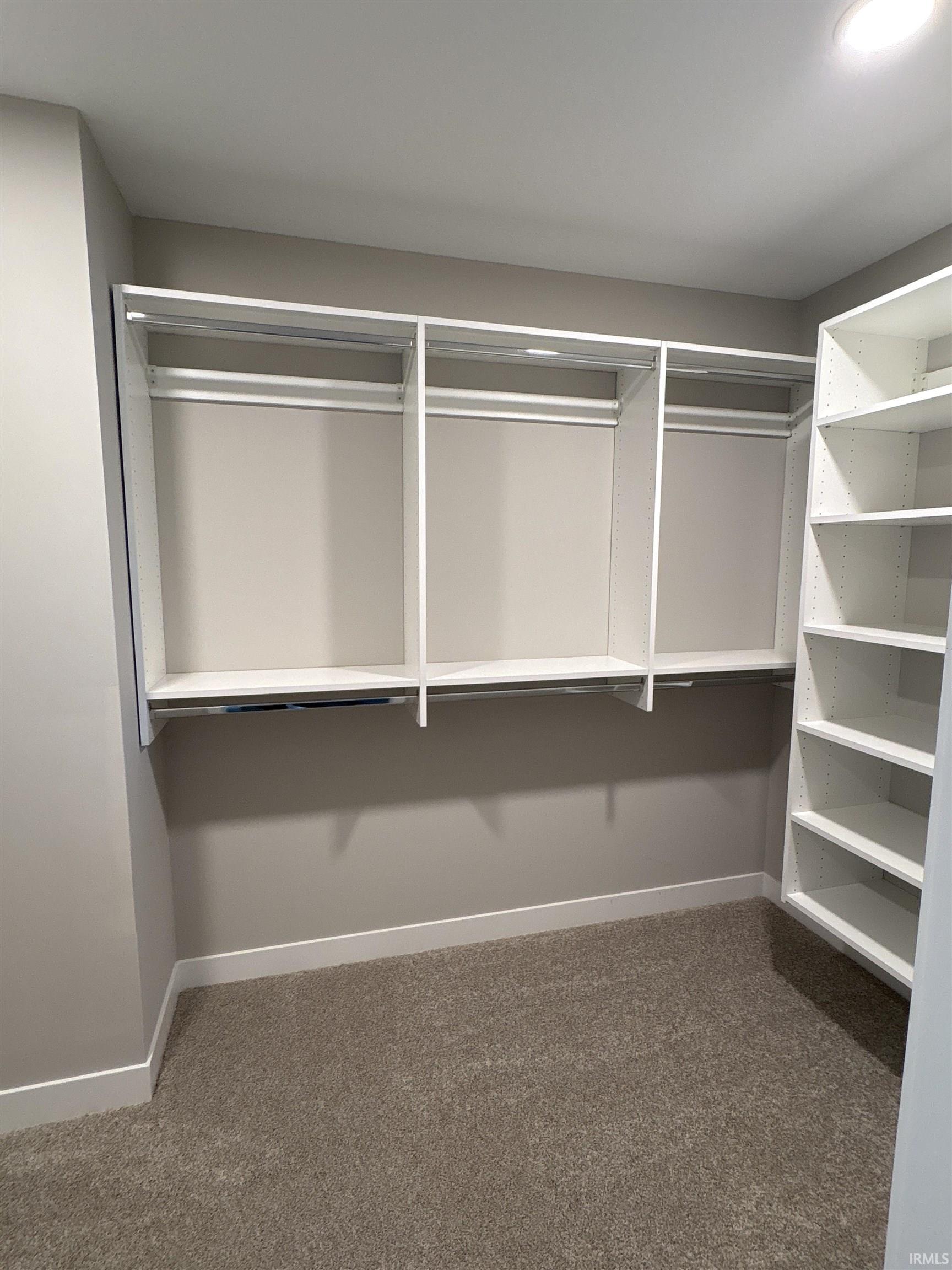 Walk-in closet featuring built-in white shelving and hanging rods, recessed ceiling lighting, and carpet flooring