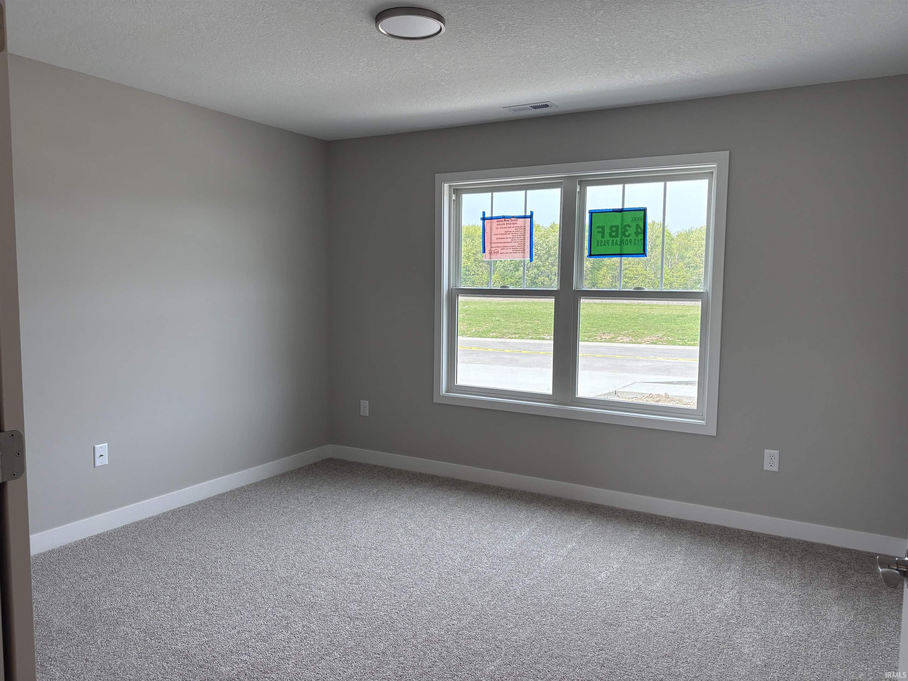 Bright interior space featuring a large window with white trim, neutral gray wall paint, light-colored carpeting, and a flush-mount ceiling light fixture