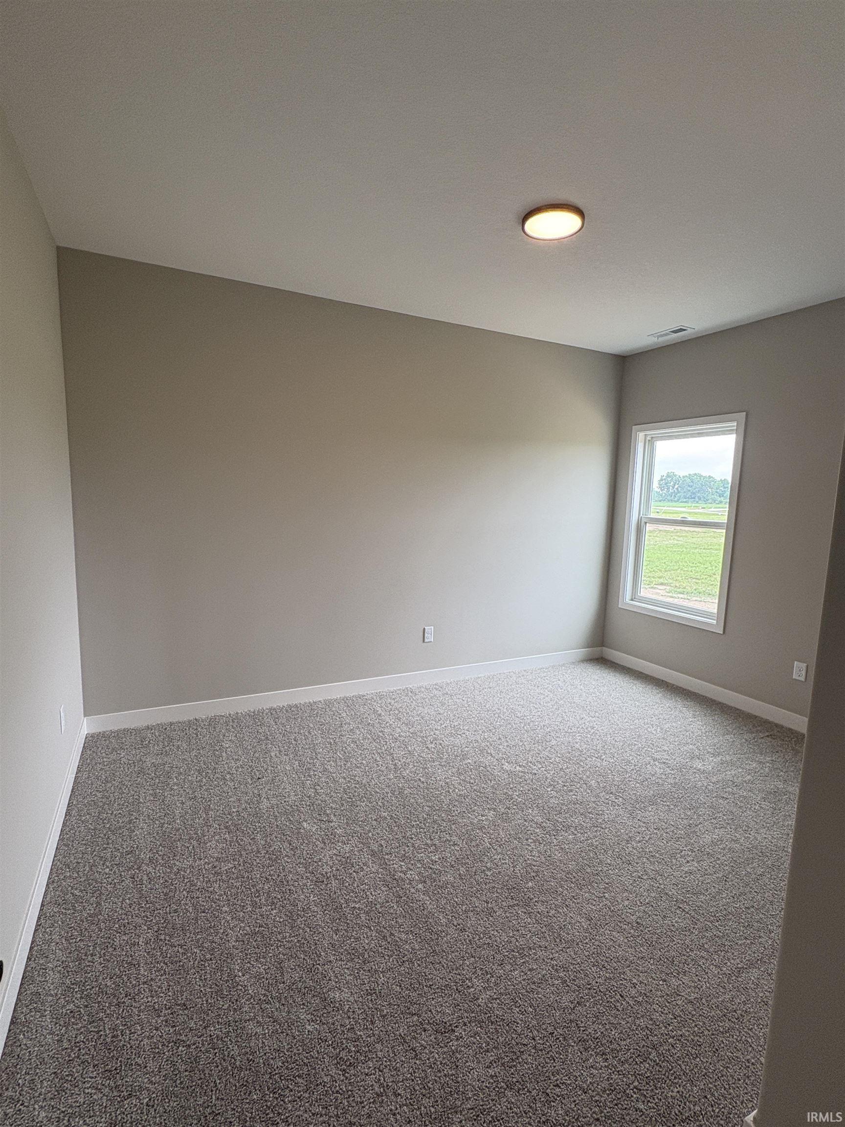 Carpeted room with a single window, neutral wall paint, and white trim