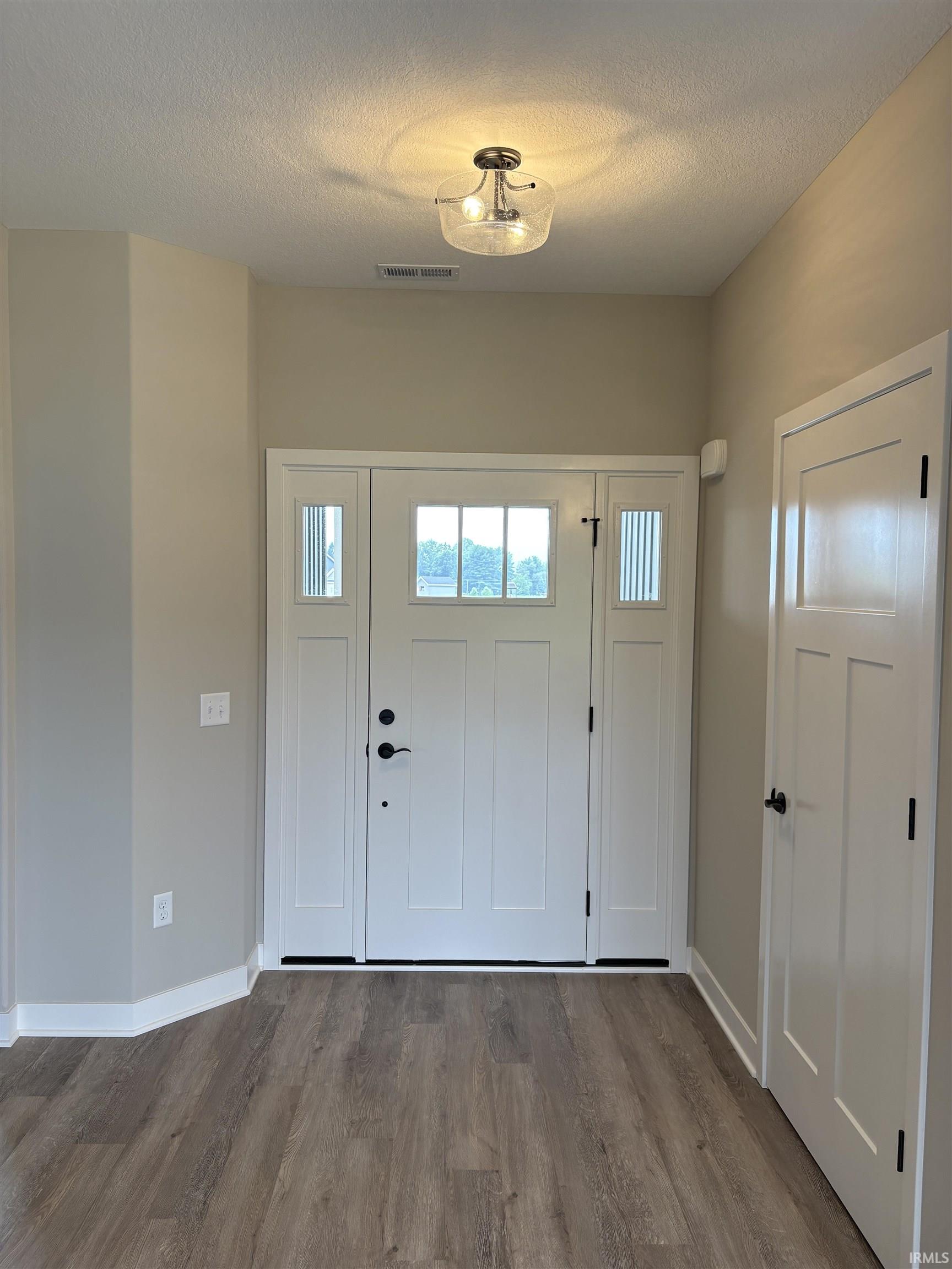 Entryway featuring wood-finish flooring and neutral wall tones