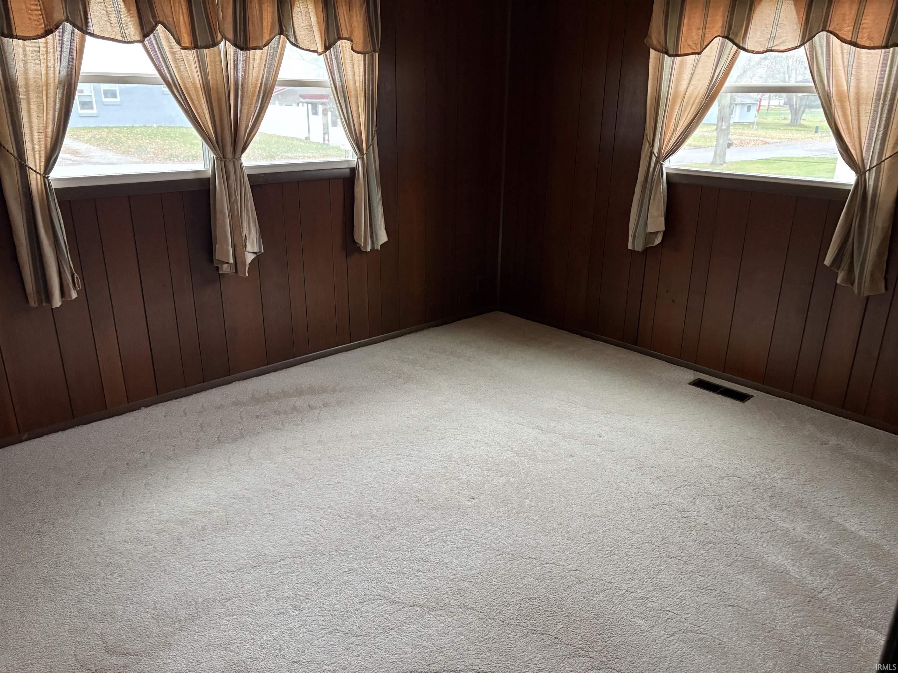 Carpeted empty room with wooden walls