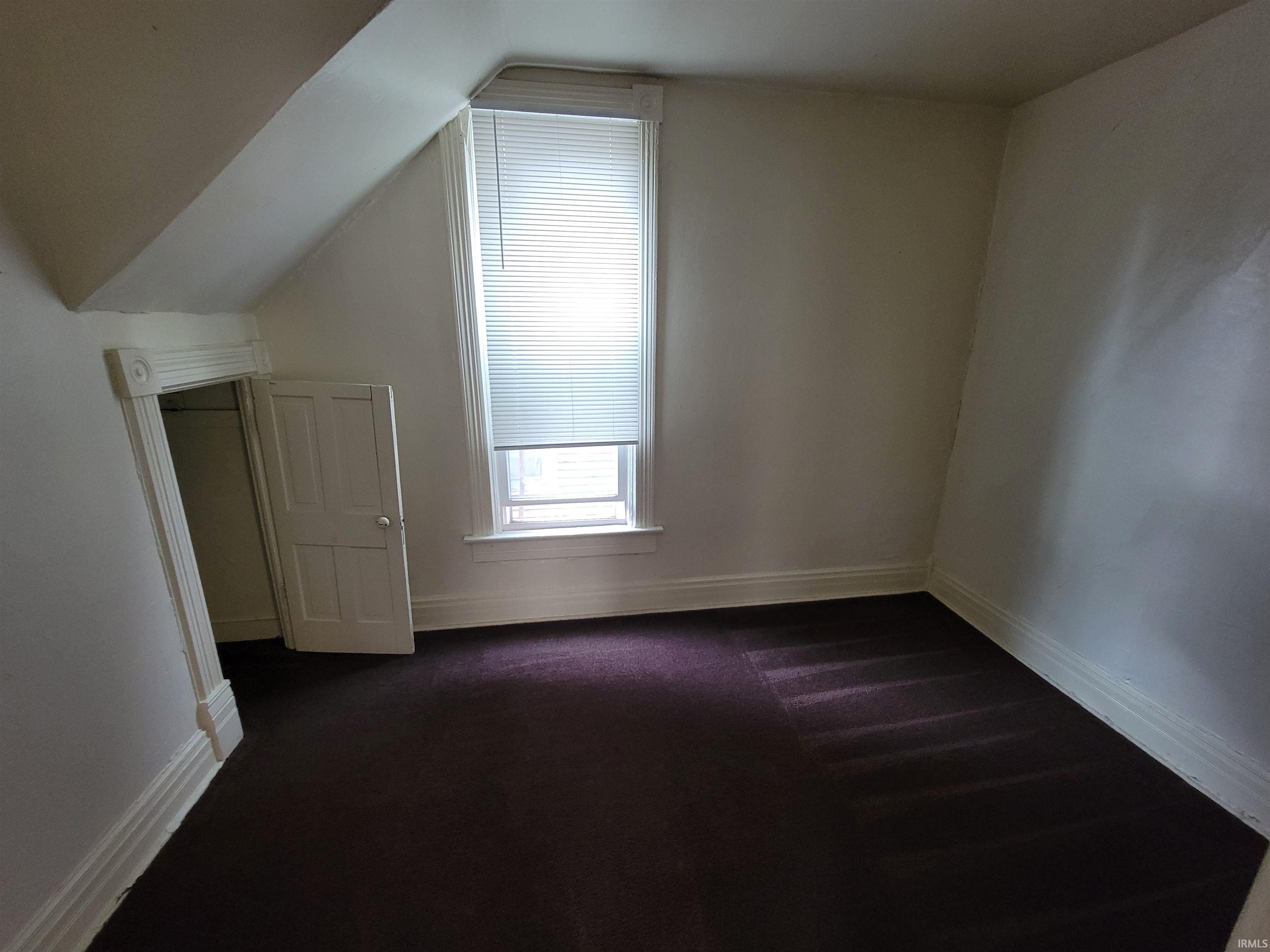 Additional living space featuring dark carpet and vaulted ceiling