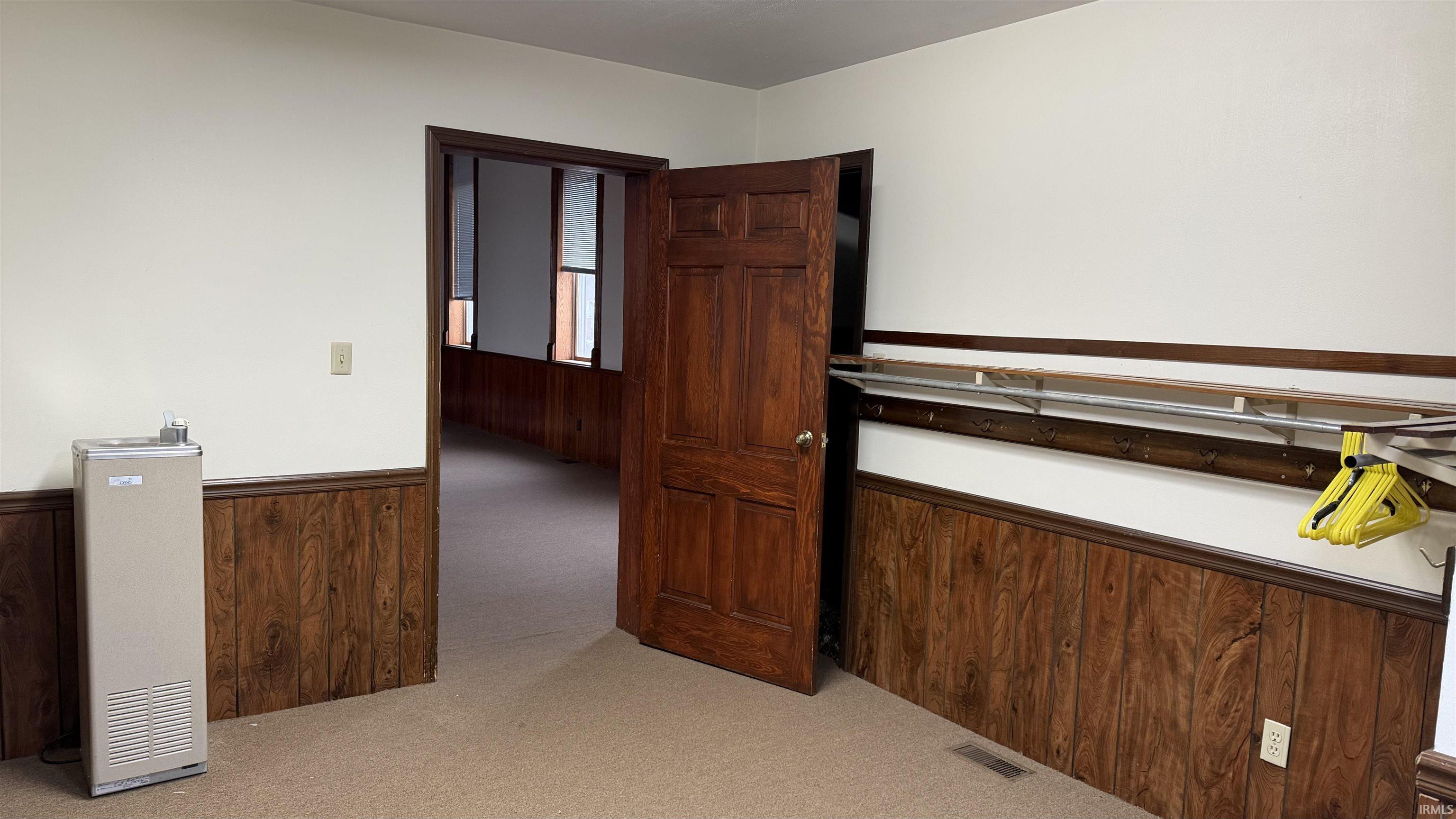 Interior open space with wainscoted wall, carpet and a drinking fountain, and a closet.