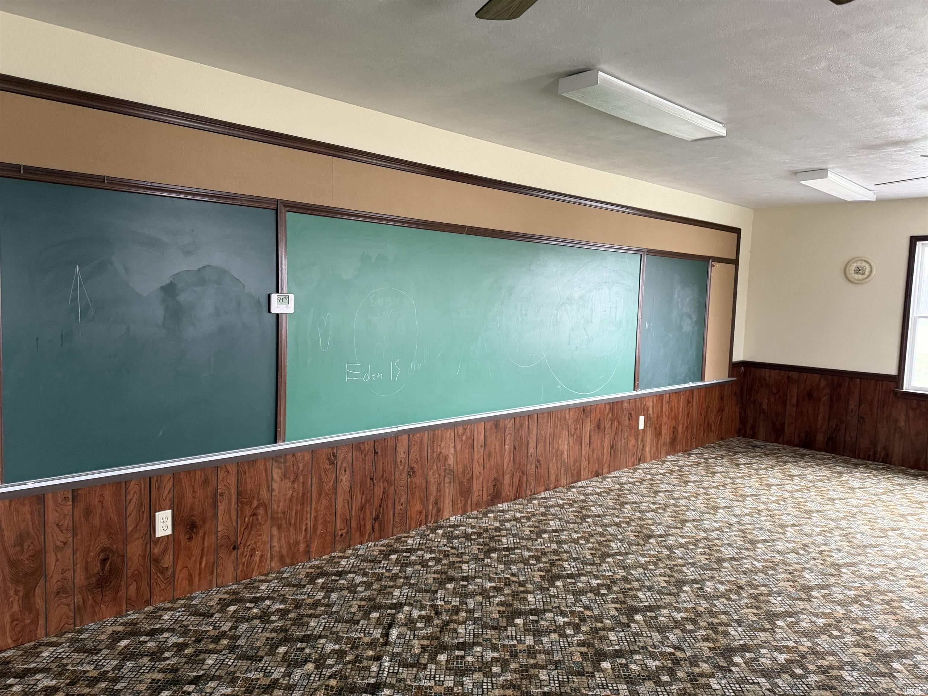 Empty room featuring wainscoting, carpet, huge chalkboard