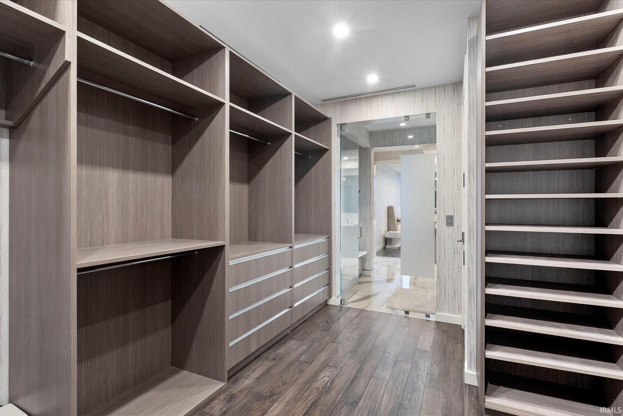 Walk in closet featuring dark wood-style flooring