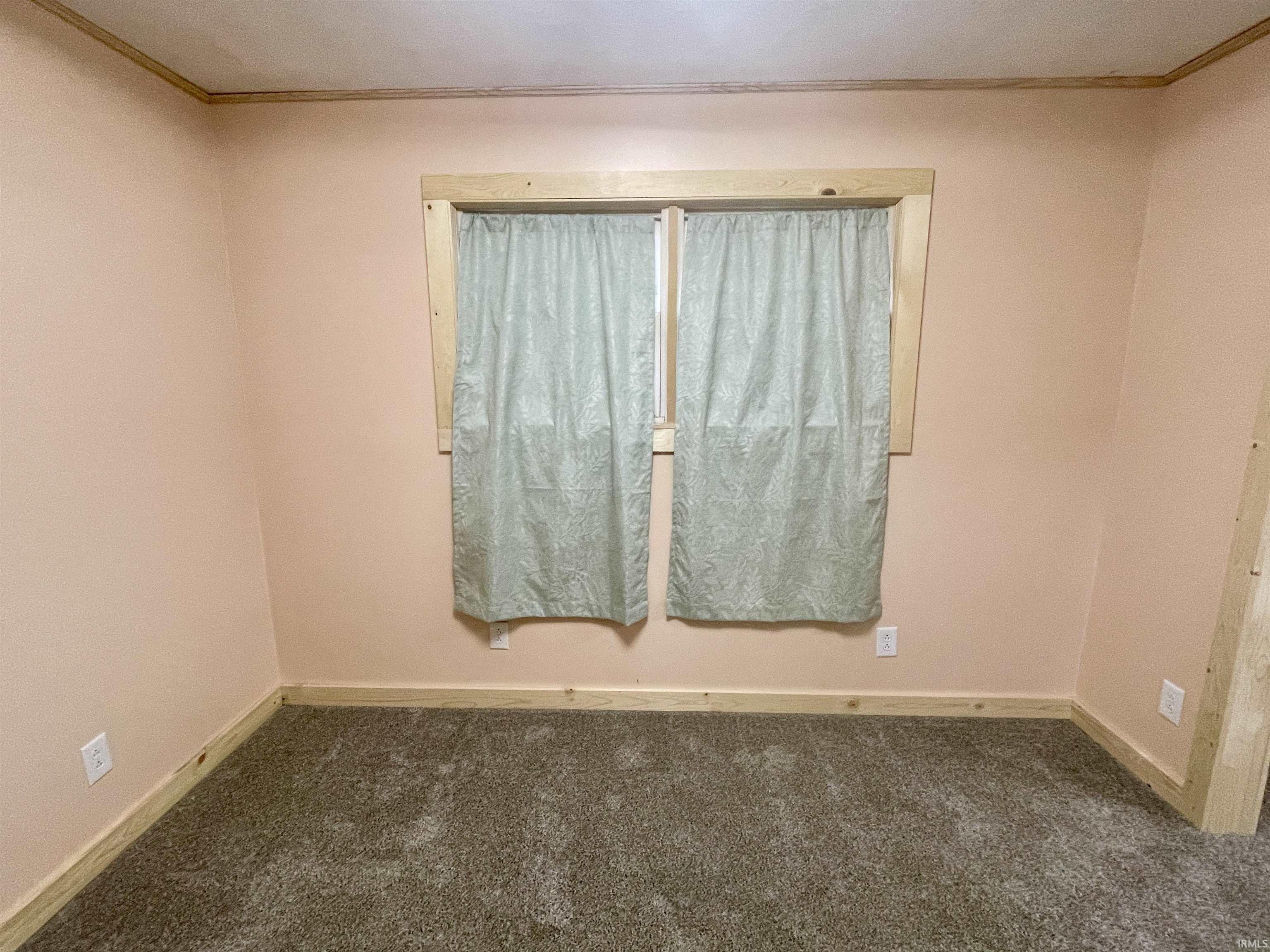 Spare room with ornamental molding and dark carpet