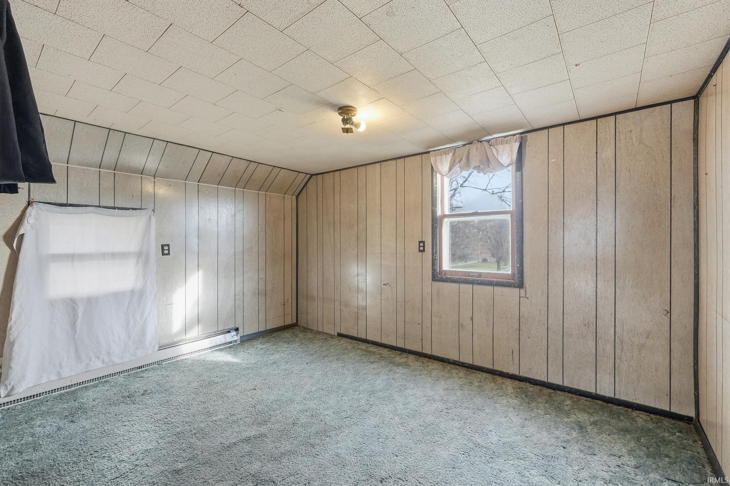 Bonus room with wood walls, carpet, a baseboard heating unit, and vaulted ceiling
