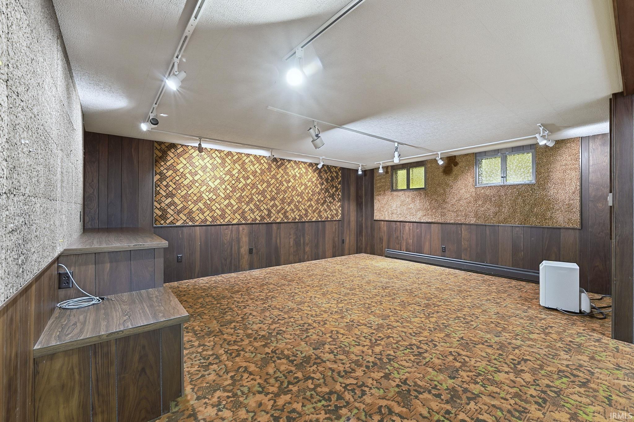 Basement featuring rail lighting, wooden walls, and a baseboard radiator
