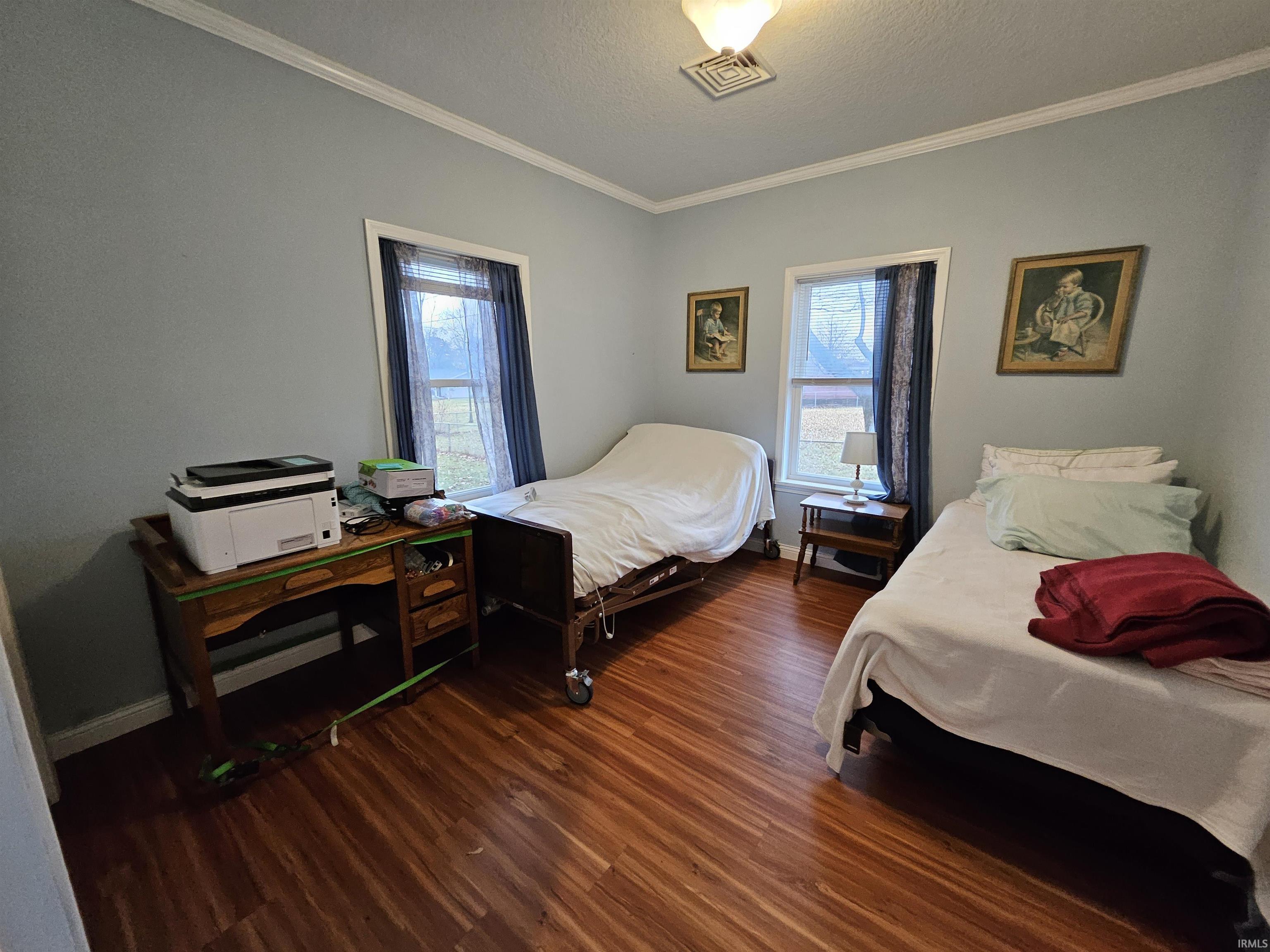 Bedroom with ornamental molding, multiple windows, a textured ceiling, and dark wood-style floors