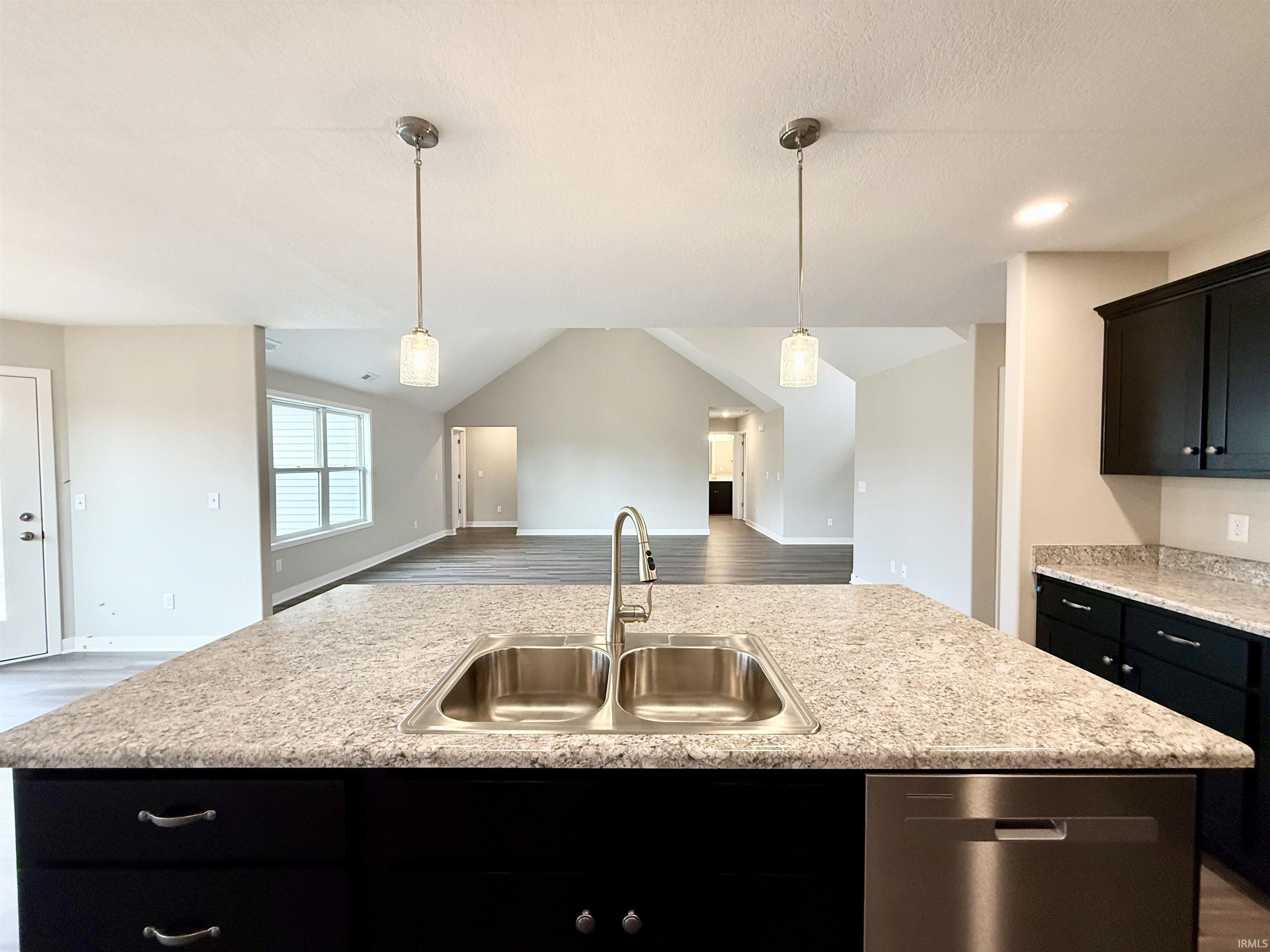 Kitchen featuring dark cabinets, hanging light fixtures, wood finished floors, and lofted ceiling