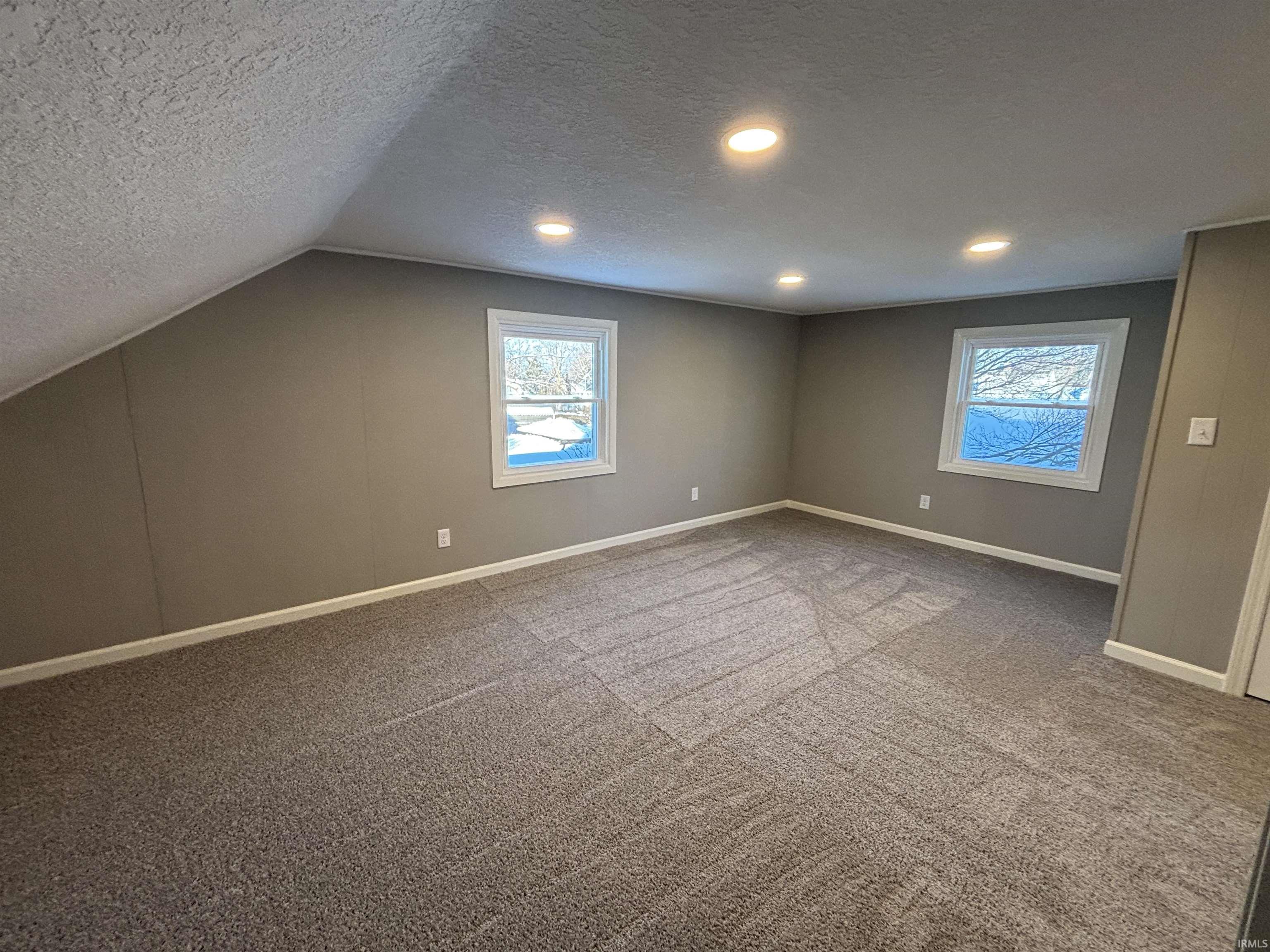 textured ceiling, carpet flooring, and lofted ceiling