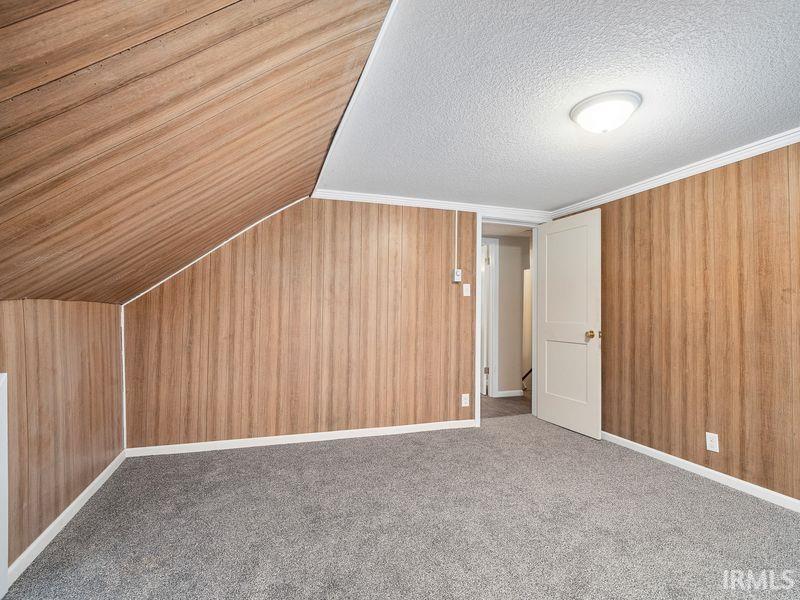 Additional living space featuring wood walls, carpet, a textured ceiling, and lofted ceiling