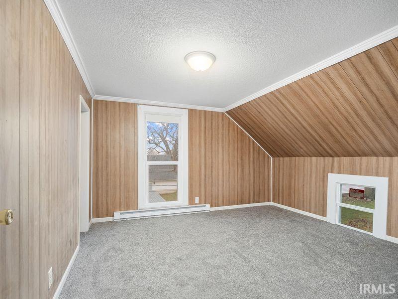 Additional living space with baseboard heating, a textured ceiling, light colored carpet, wooden walls, and vaulted ceiling