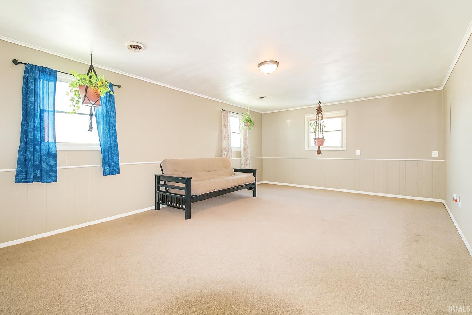 Unfurnished room featuring wainscoting, carpet, plenty of natural light, and crown molding