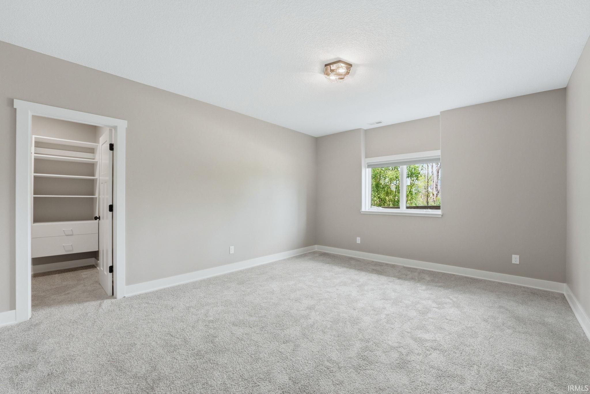 Spacious room featuring light gray walls, plush gray carpeting, white trim, a double-pane window with a wooded backdrop, and a built-in closet with shelving and drawers