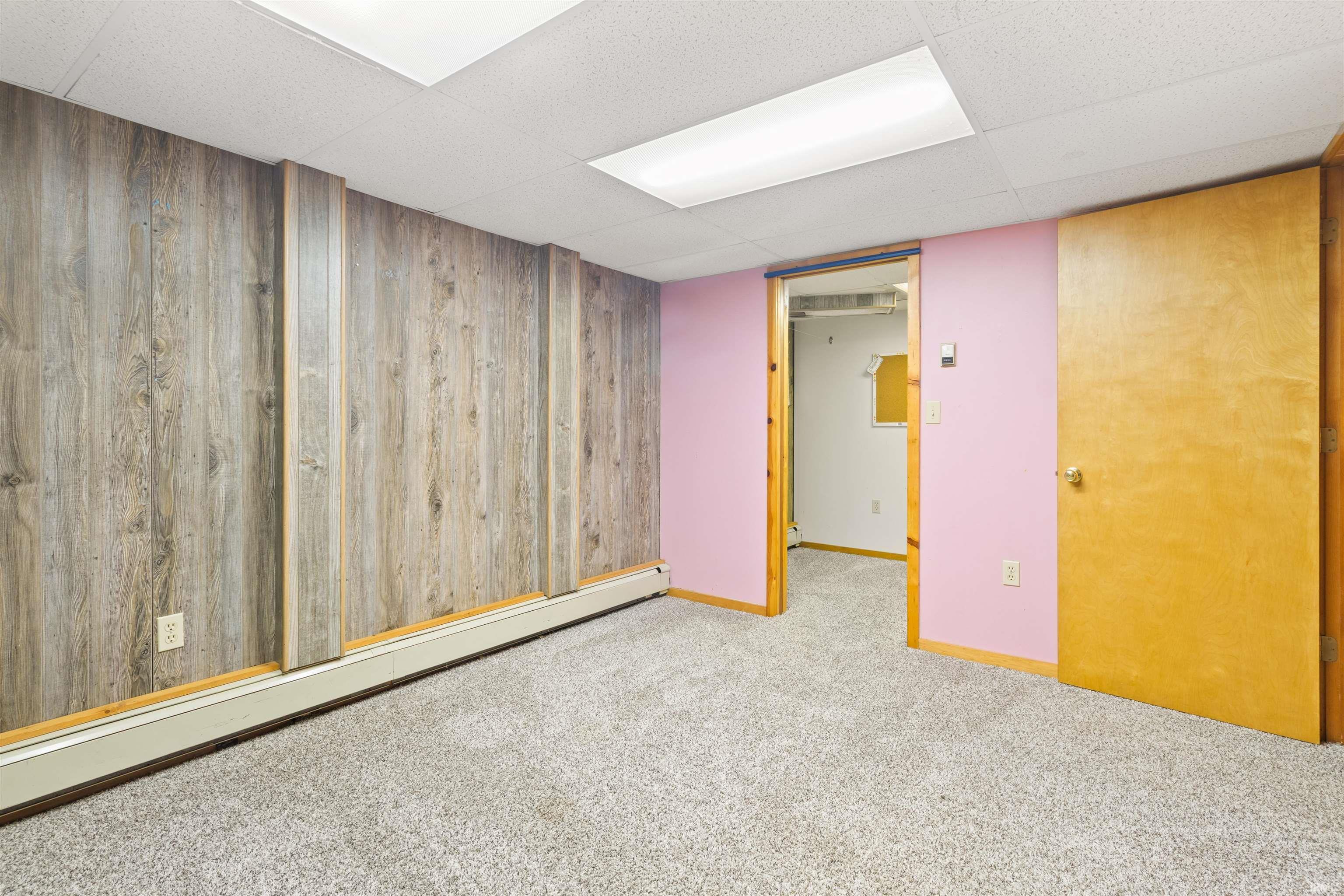 Finished basement with wooden walls, a baseboard radiator, carpet floors, and a drop ceiling