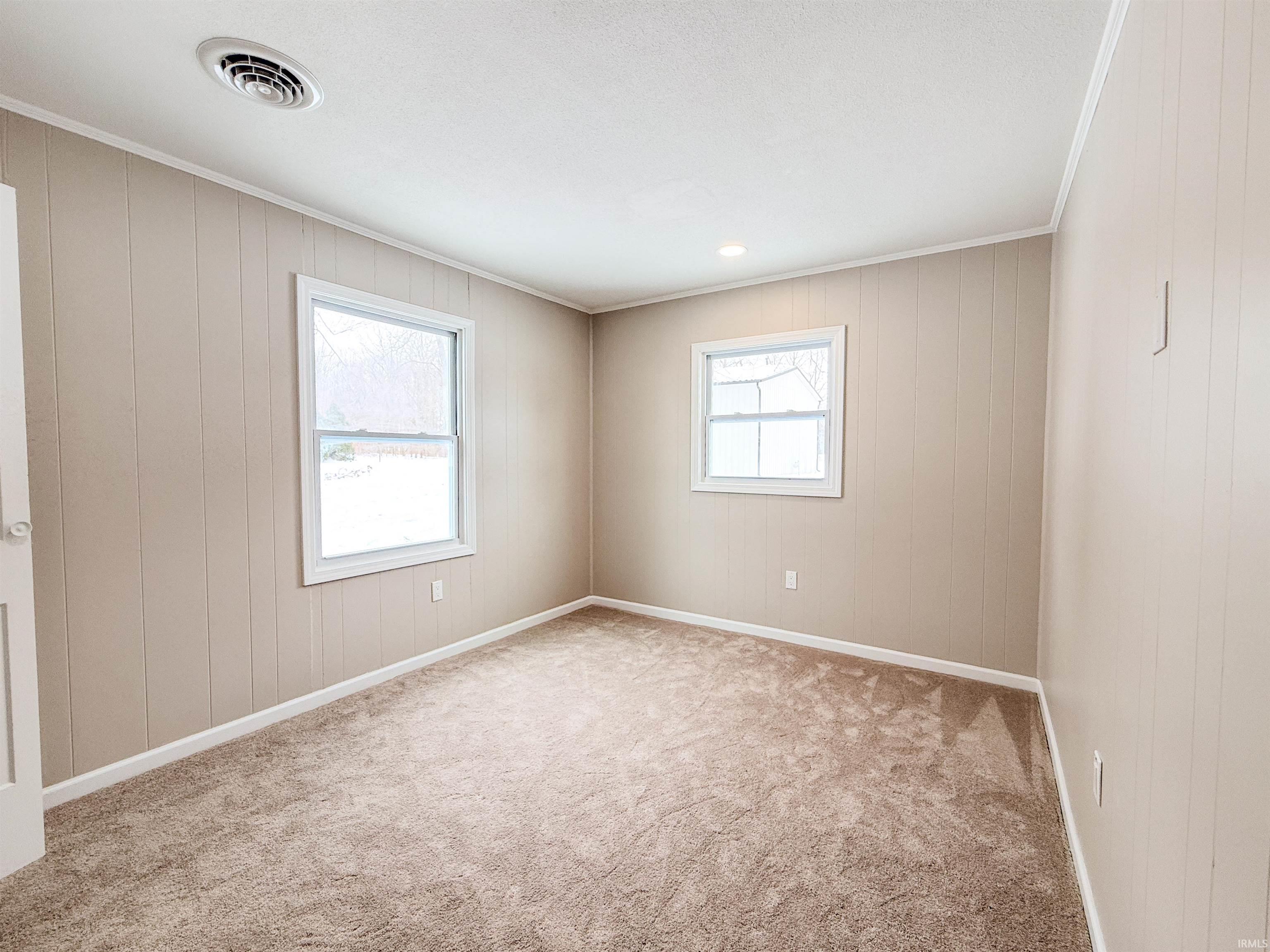 Carpeted empty room featuring ornamental molding and wooden walls