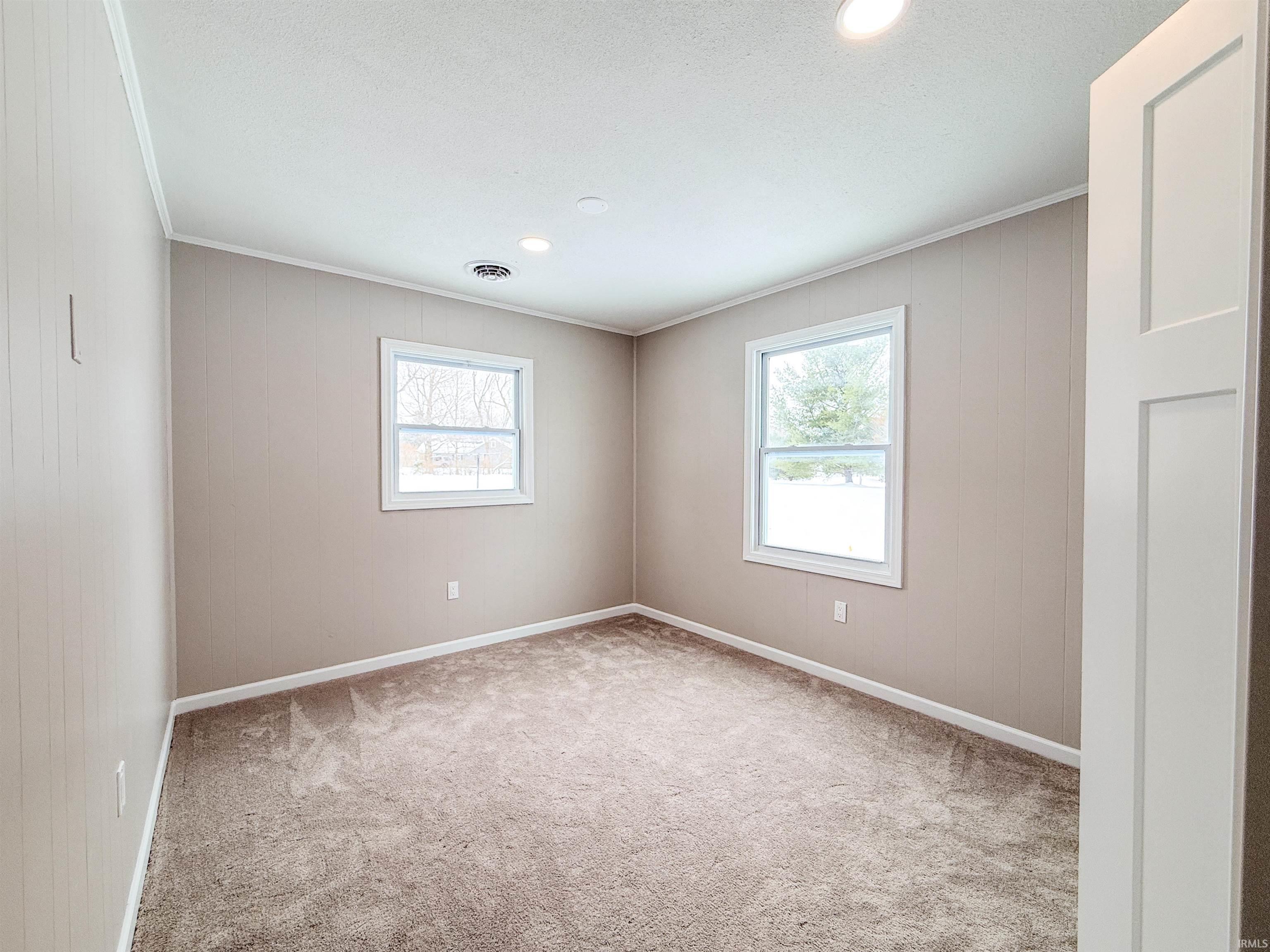 Spare room with light colored carpet, ornamental molding, healthy amount of natural light, wood walls, and a textured ceiling