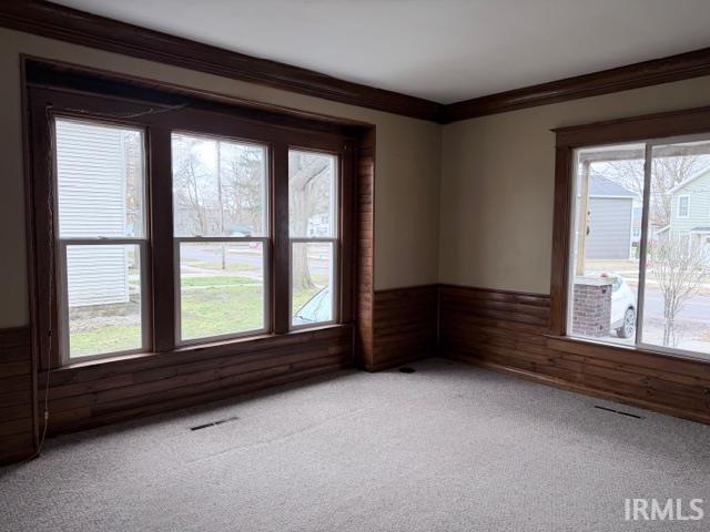 Empty room with wooden walls, a wainscoted wall, light carpet, and crown molding