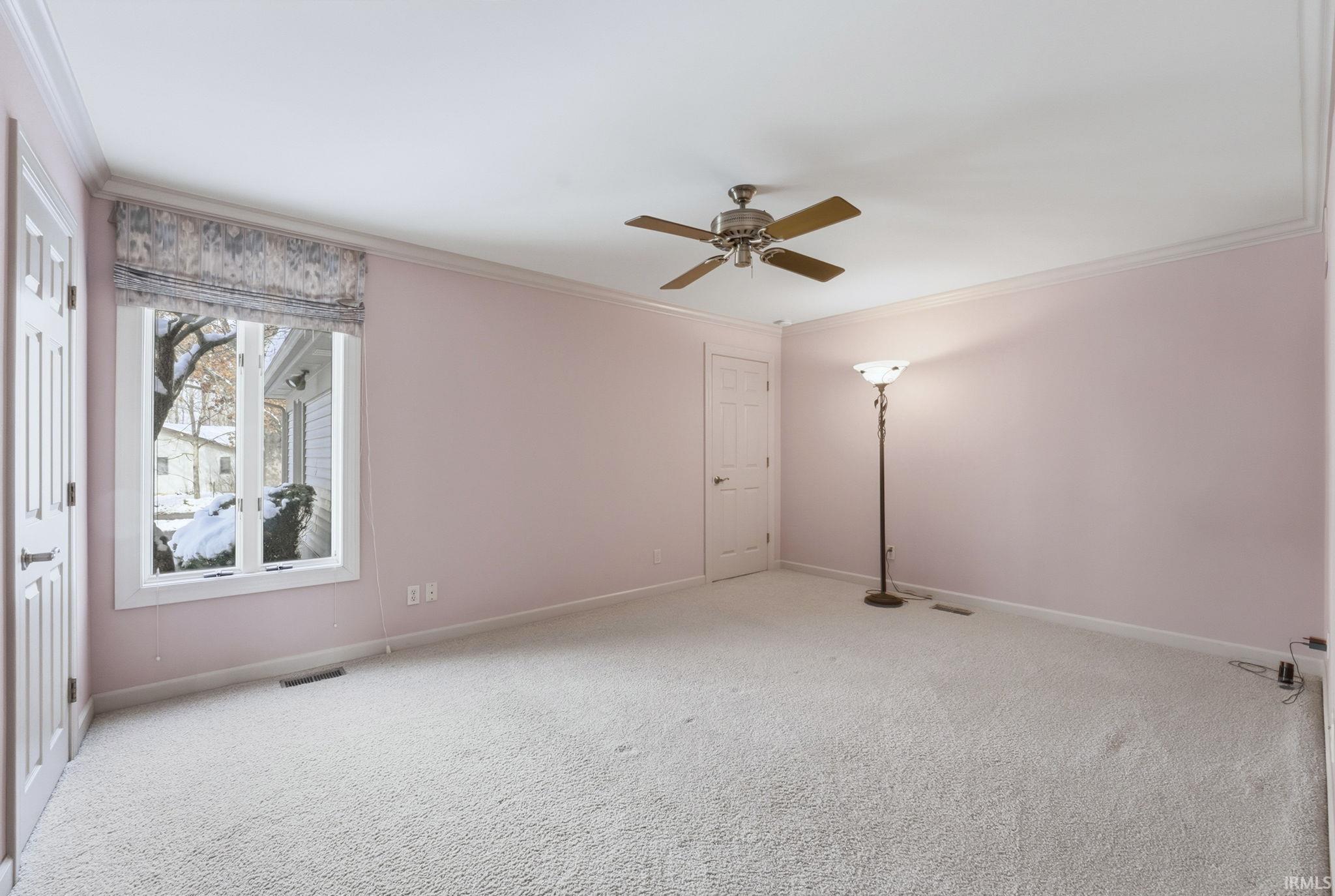Spare room featuring carpet flooring, ornamental molding, and ceiling fan