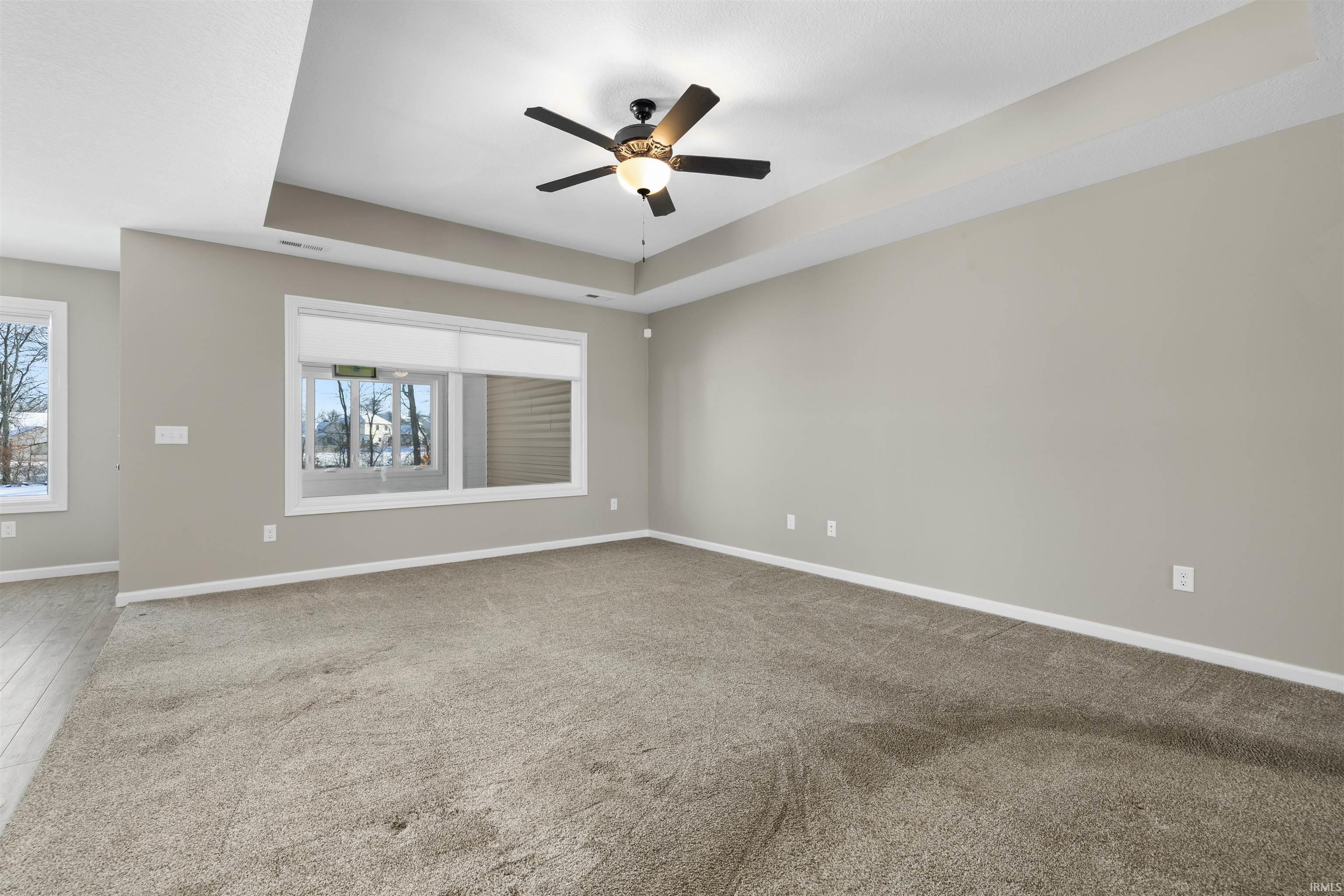 Spare room with a raised ceiling and a ceiling fan