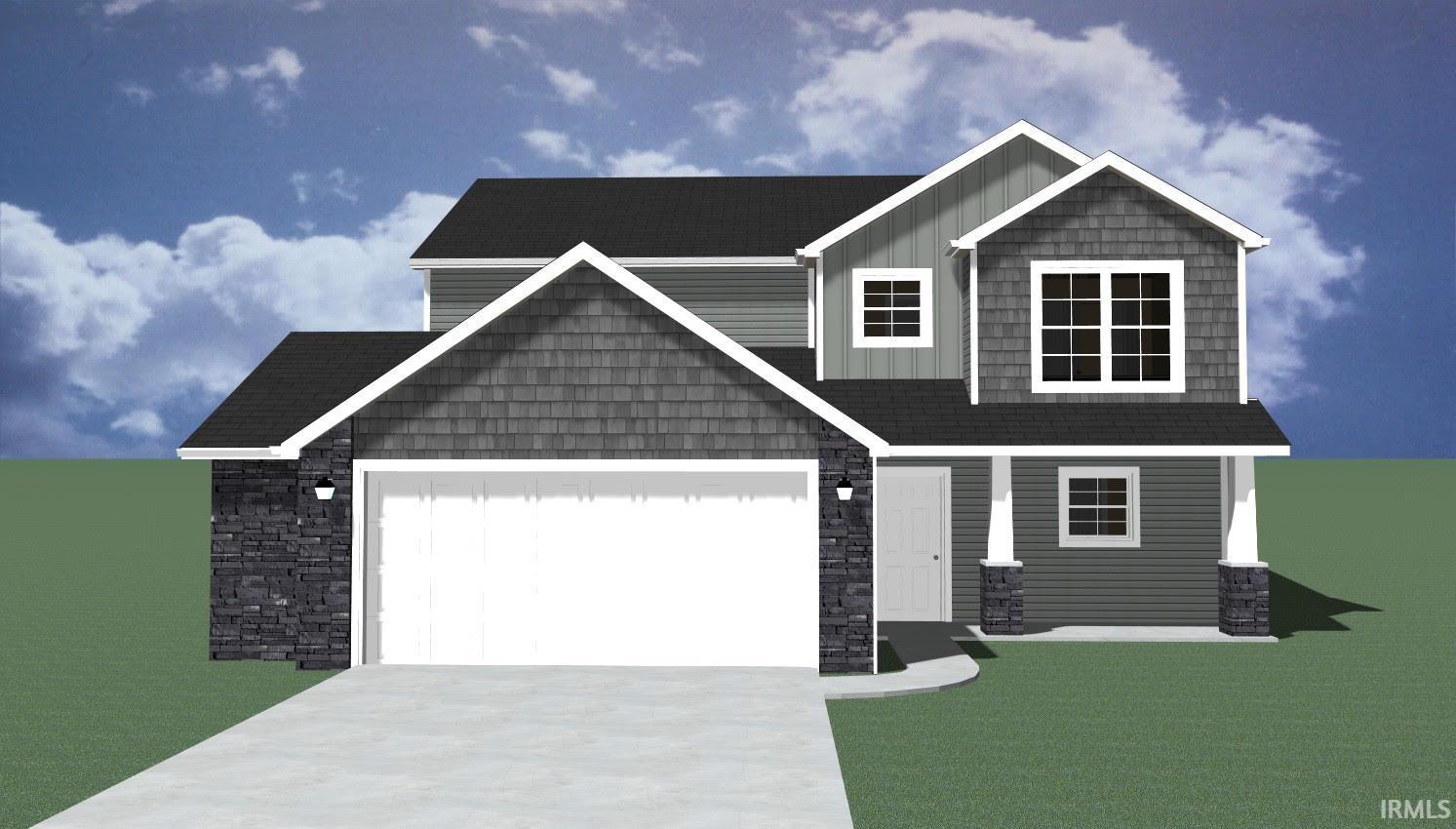 View of front facade featuring stone siding, board and batten siding, driveway, and an attached garage