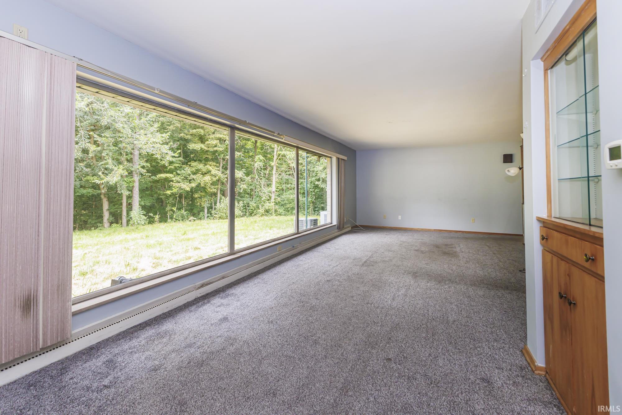 Spacious interior room featuring a full wall of floor-to-ceiling windows overlooking a natural landscape