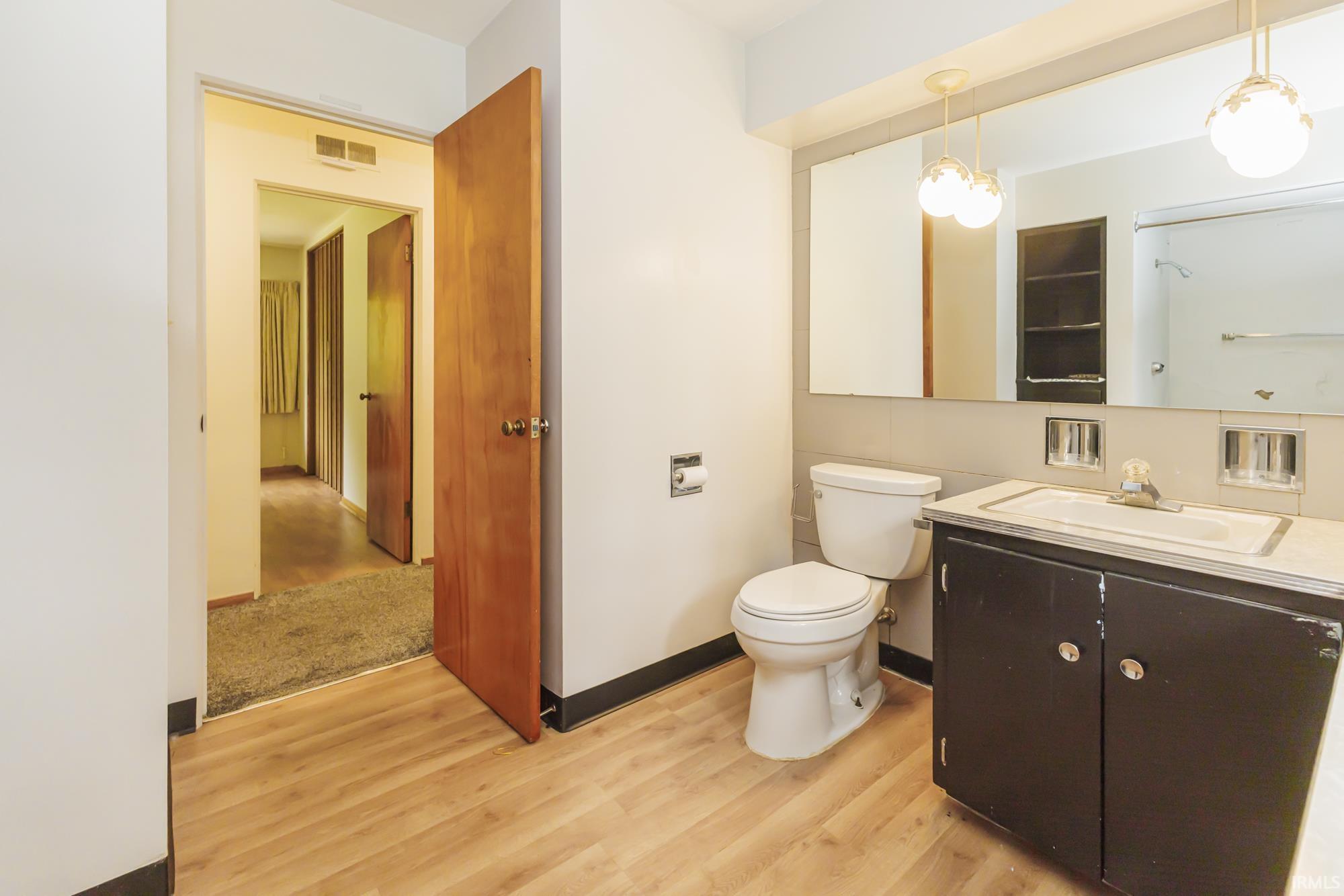 Bathroom featuring wood-finish flooring, a white toilet, a dark vanity cabinet with a white basin sink, and a large wall-mounted mirror