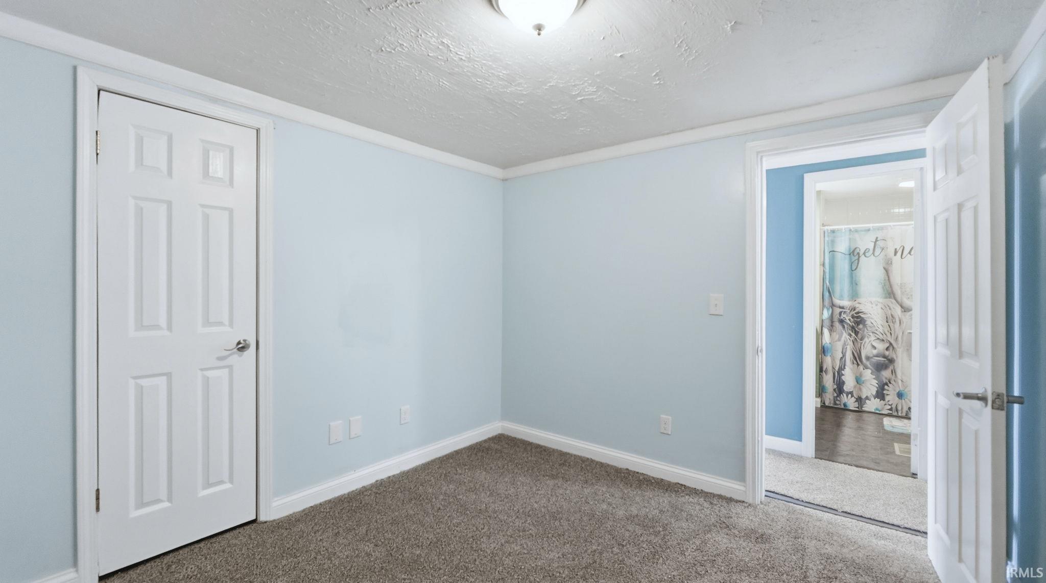 Unfurnished bedroom with carpet flooring and a textured ceiling