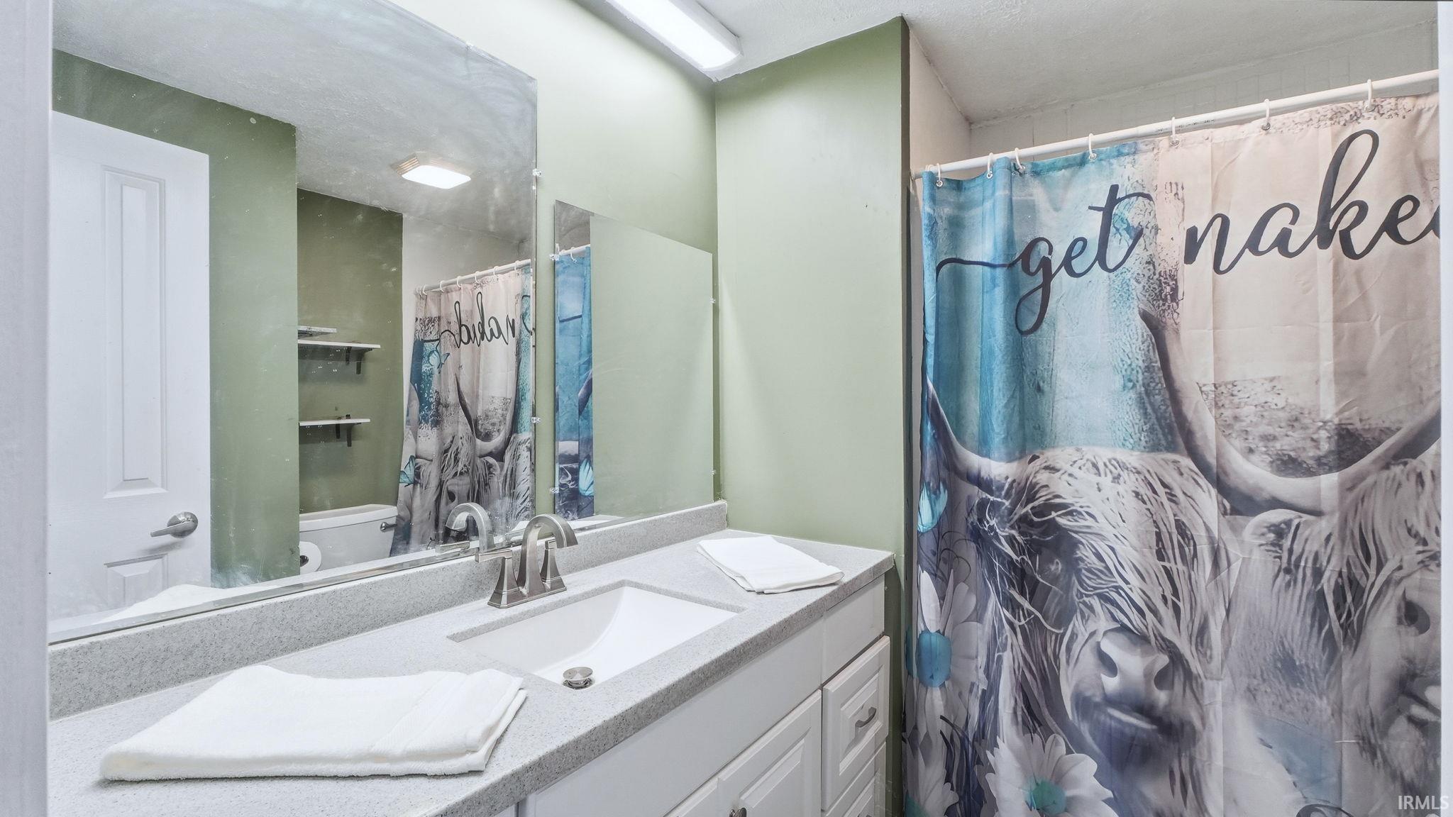 Bathroom with vanity and a shower with shower curtain