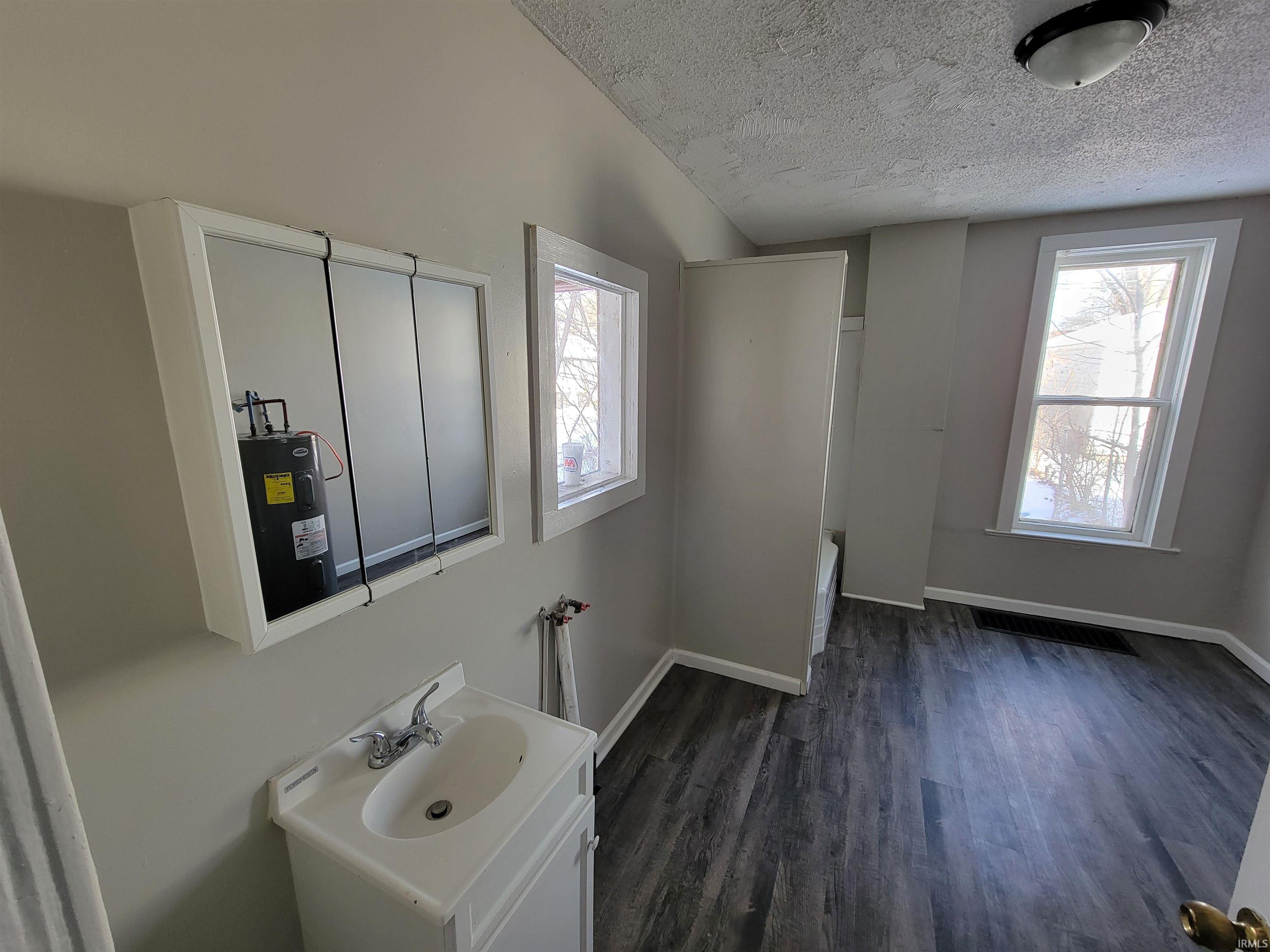 Bathroom featuring vanity, a textured ceiling, water heater, and dark wood-style flooring