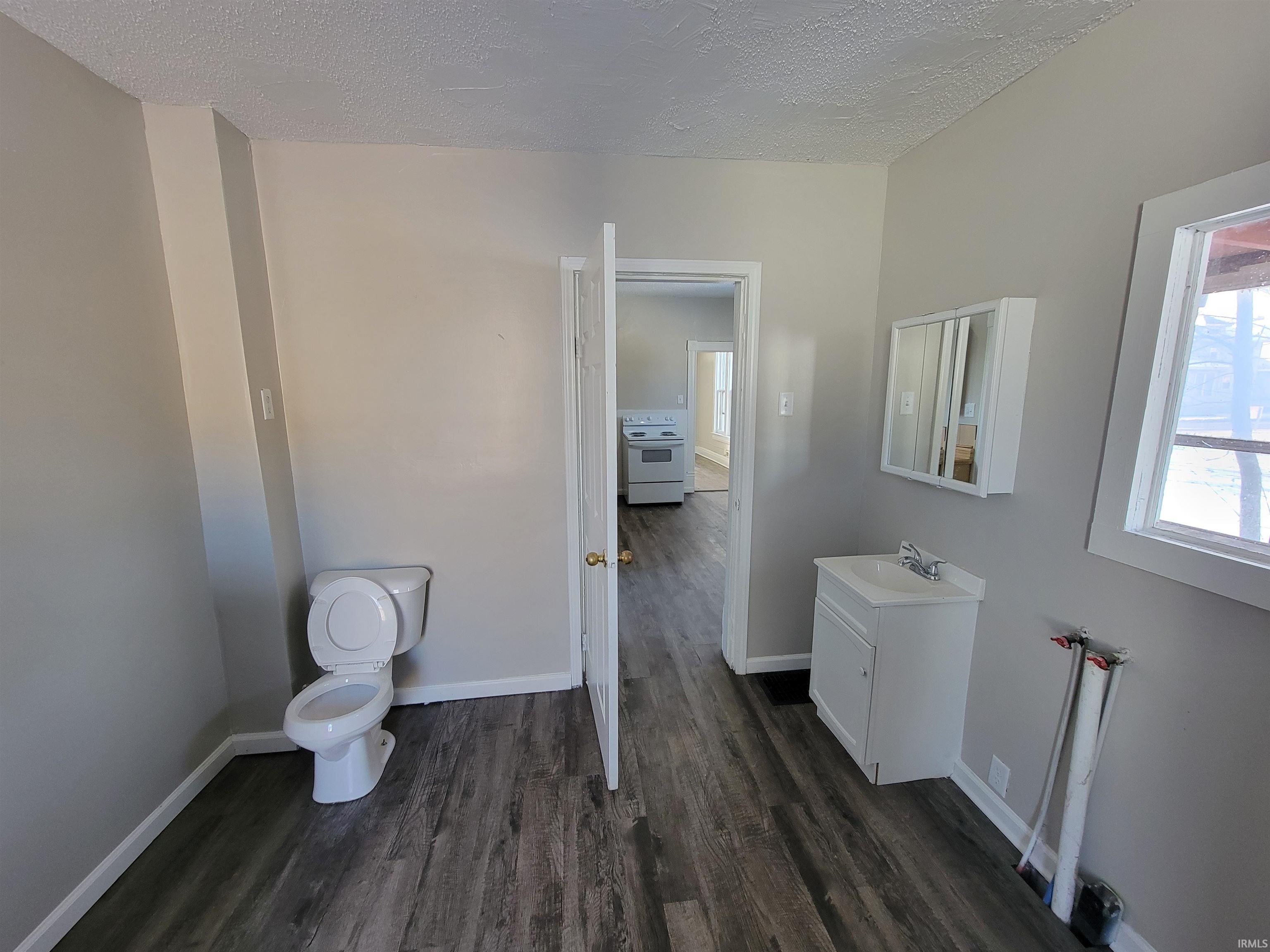 Bathroom featuring a textured ceiling, vanity, and dark wood-style floors